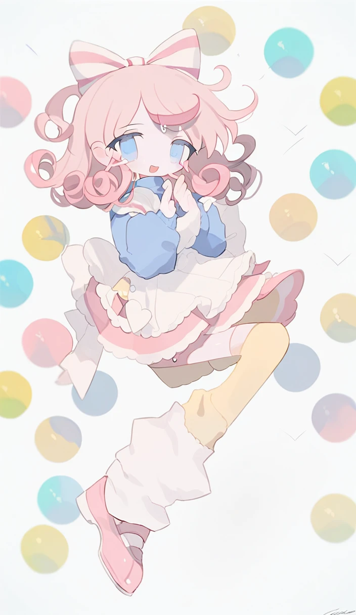 1girl, curly hair, ((dark pink hair)) blue eyes, pink flared skirt, blue sweater, yellow leg warmers, pink shoes, staring at viewers, light pink skin, hair bows, soft blush,smile, open mouth, hair bow, full body, floating