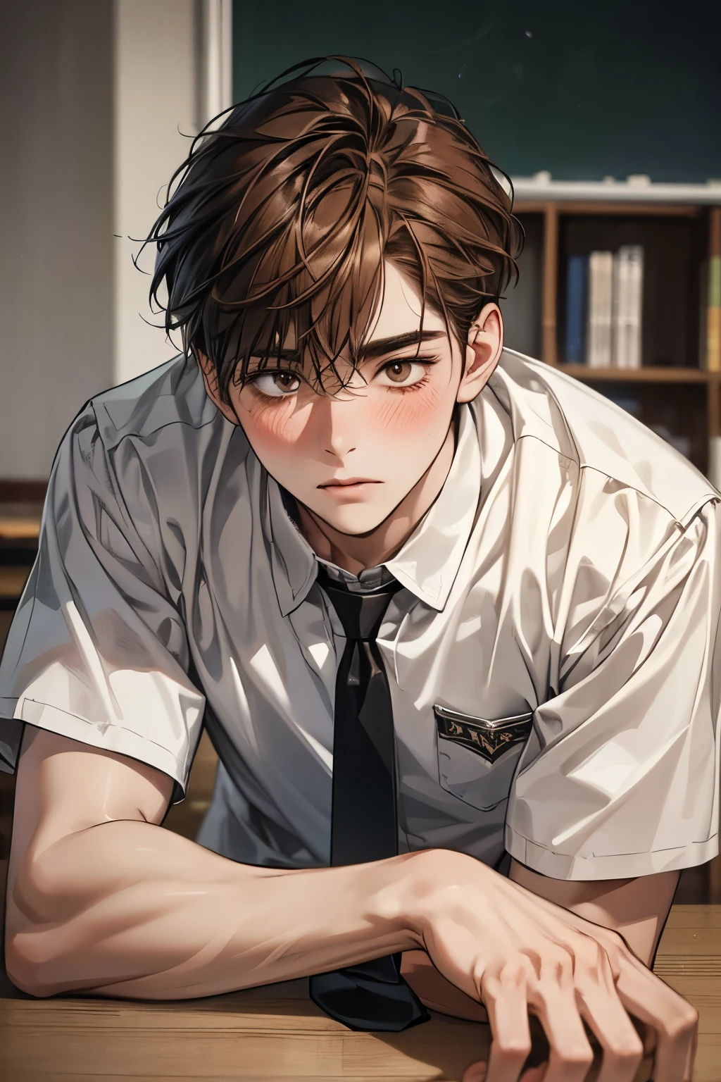 1male, modern school, lying down on the school gym floor, blush, brown hair, brown eyes,modern school uniform, neckties, highschool student, school background, japanese school, (masterpiece:1.21),(bestquality:1.21),8k,high detailed,ultra-detailed,photography,award winning,documentary,Original Photo,Realisticity,solo,physically-based rendering,depth of field,(low saturation:1.3),(1boy;1.4:1.1),a male,silm,Real Skin Texture,White Marble Glowing Skin,model,thick eyebrows,model(random_color_clothing:1.45),(random stylish pose action:1.1), (random view shot)