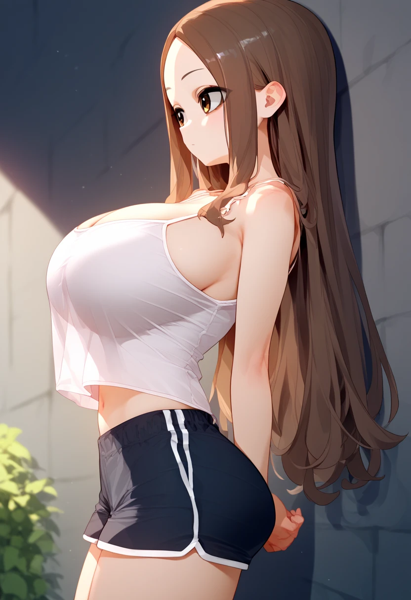 、takagi-san、score_9, score_8_up, score_7_up, 1girl, Alone, Takagi, brown hair, brown eyes, long hair,  camisole 、 shorts、(huge breast)
、 short stature 、 is short、(Loli Big Tits)、
{Highest quality}, {so beautiful}, {Very detailed}, {Best illustrations},Life、slim:1.5、Are standing、From the side、