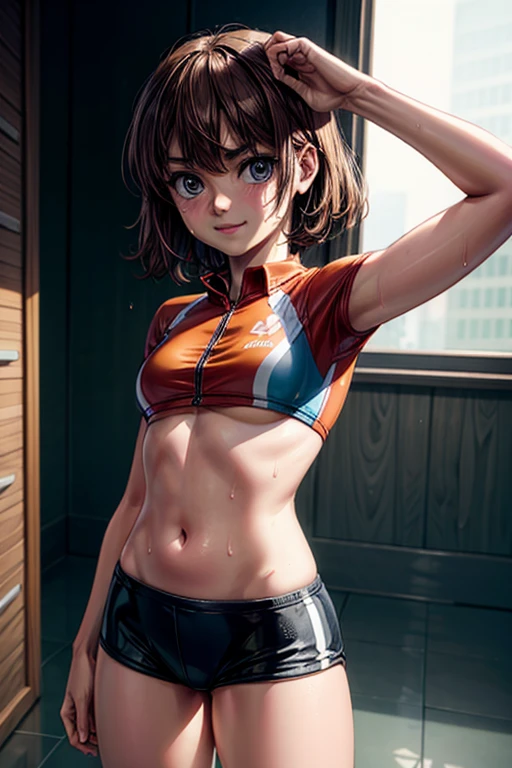 wet_sweaty_maisie_williams_in_princess_daisys_soccer_uniform BREAK posing for selfie BREAK short top, midriff, hotpants, orange clothing, underboob BREAK skinny, thin_legs BREAK wet_skin BREAK medium_brown_hair BREAK realistic_small_eyes BREAK skinny, female, evil_smile BREAK locker room, seductive_expression, seductive, sweating, heat BREAK outside, beautiful, high resolution, 8k, sure_for_work 