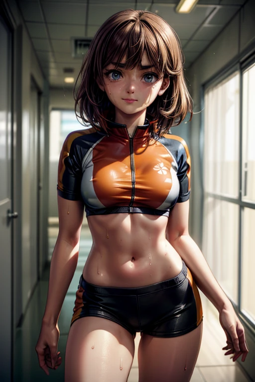 wet_sweaty_maisie_williams_in_princess_daisys_soccer_uniform BREAK posing for selfie BREAK short top, midriff, hotpants, orange clothing, underboob BREAK skinny, thin_legs BREAK wet_skin BREAK medium_brown_hair BREAK realistic_small_eyes BREAK skinny, female, evil_smile BREAK locker room, seductive_expression, seductive, sweating, heat BREAK outside, beautiful, high resolution, 8k, sure_for_work 