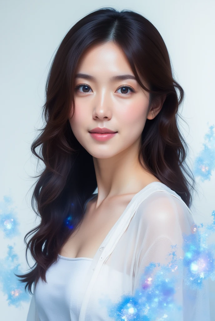 Digital artwork featuring a asian woman with fair skin, long brown hair, and striking blue eyes. She is wearing a sheer white blouse over a white top. The background is a soft, light gradient, and there are dynamic, abstract blue and iridescent splashes surrounding her, giving the image a vibrant and ethereal feel. The composition is centered, with the subject's face and upper body prominently displayed