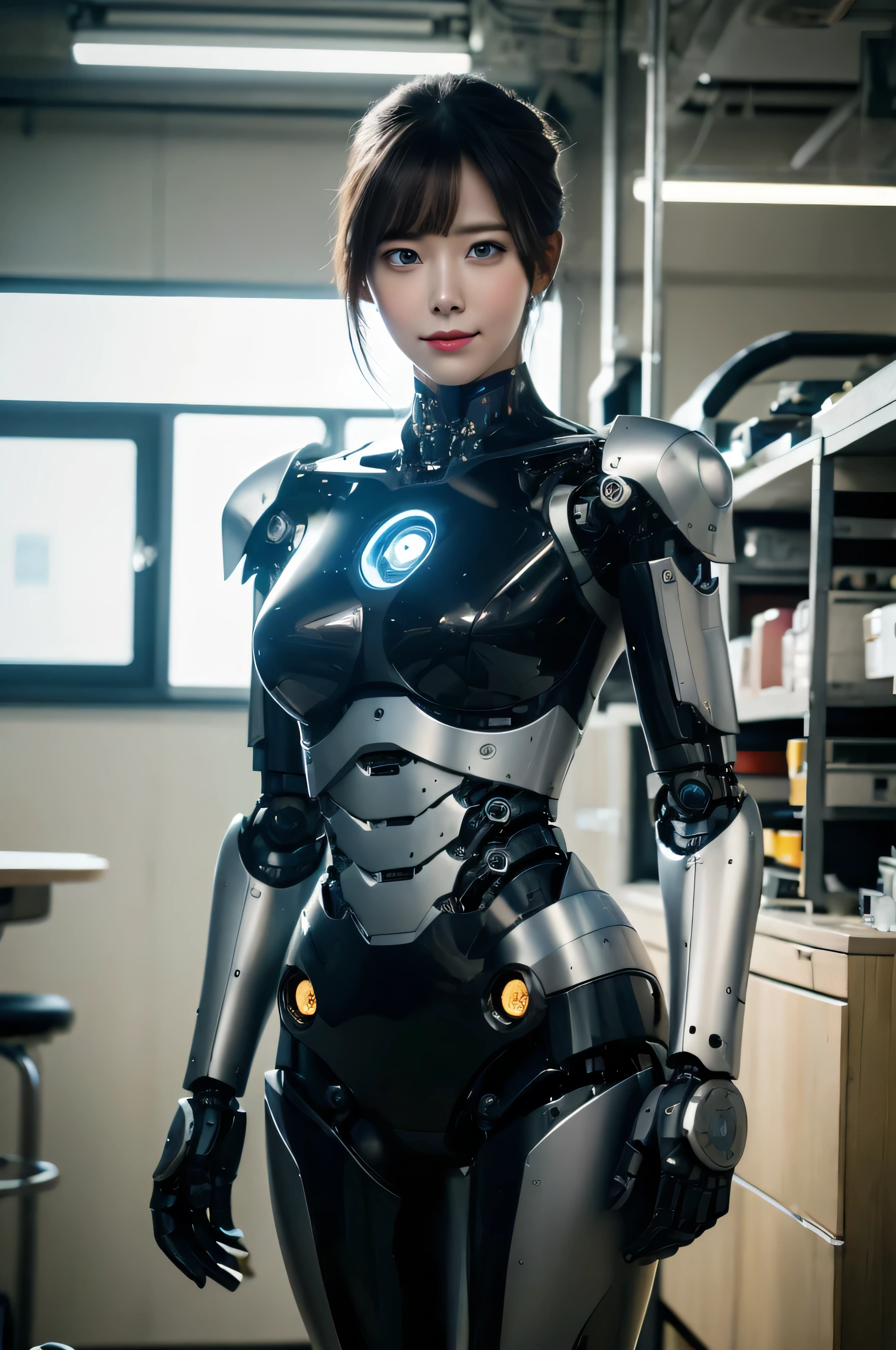 masterpiece, best quality, extremely detailed, Japaese android girl,Plump , control panels,android,Droid,Mechanical Hand, Robot arms and legs, Black hair,Blunt bangs,perfect robot girl,long tube,thick cable connected her neck,android,robot,humanoid,cyborg,japanese cyborg girl ,robot-assembly plant,She is assembling now,assembly scenemasutepiece, Best Quality, Illustration, Ultra-detailed, finely detail, hight resolution, 8K Wallpaper, Perfect dynamic composition, Beautiful detailed blue colored eyes, suits,Medium Hair,  Natural Color Lip, Random and sexy poses,Smile,‎Classroom、20 years girl、lifelike face、real looking skin、Realistic blue eyes、cute little, robotic neck, robotic arms and legs, deep blue eyes, career woman robot, robot girl, cyborg, control panels, control monitor in chest, 8K, RAW photos, Best quality, Masterpiece: 1.2),(best qualtiy，8K, Yes，32K，masterpiece，hyper HD：1.2) , Generate a highly detailed and realistic 4K description of a robot woman in a career suit, emphasizing every detail, from her attire to the surrounding environment, skinny body, perfect body, beautifull face, asian face, glowing skin, cyborg girl, deep blue eyes, android robot, mechanical details, korean robot girl, robotic chest, add chest monitor, perfect blue eyes, control panels, japanese android woman,perfect robot girl,long tube,thick cable connected her neck,android,robot,humanoid,cyborg, japanese cyborg girl ,chest monitor