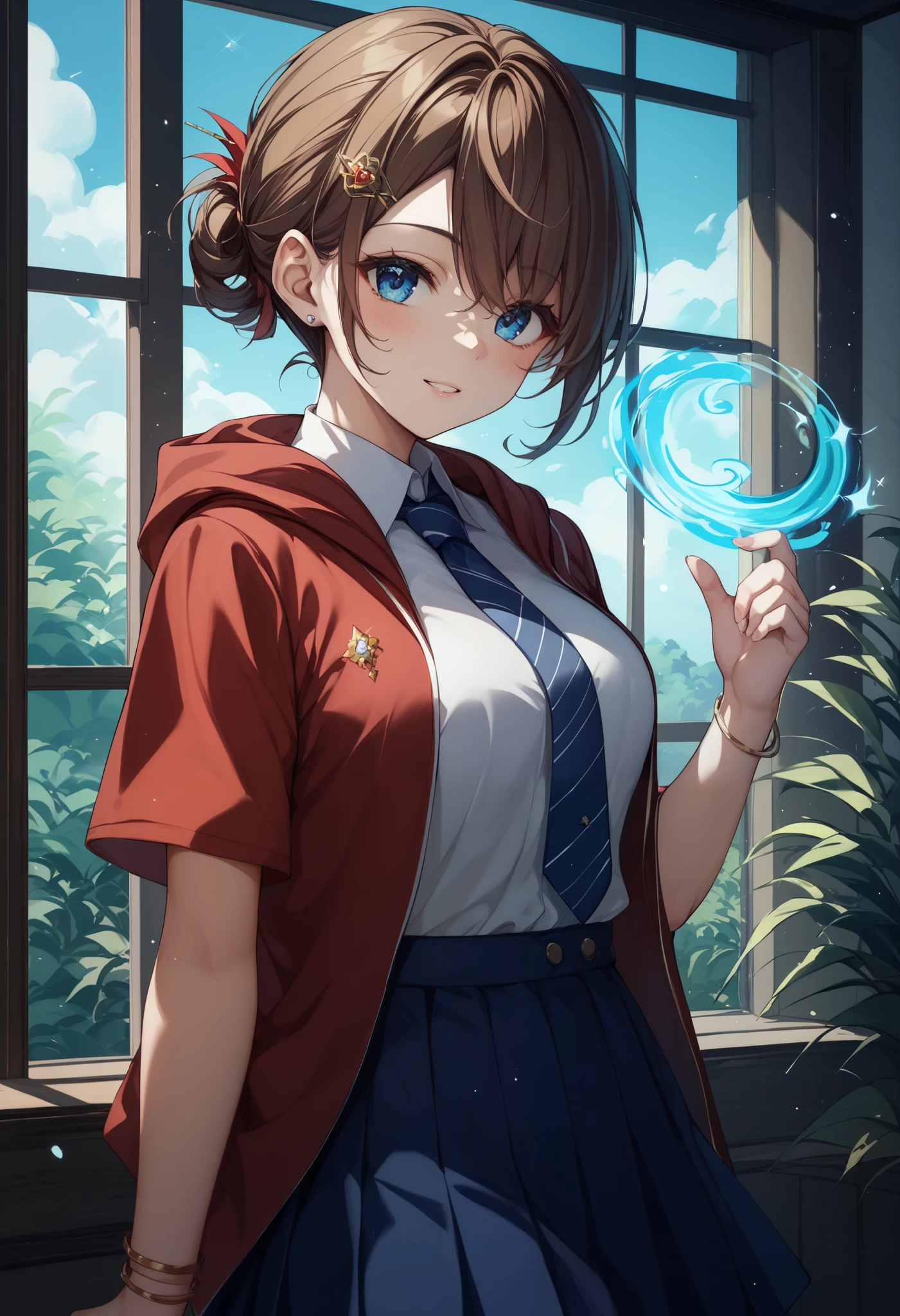 score_9, score_8_up, score_7_up、Brown Hair、 shortcut、 ties hair behind、Blue Eyes、Magic School、Black and red robes、Have a spellbook、 cute girl、hairpin、Magic Schoolの背景、Beautiful magical effects