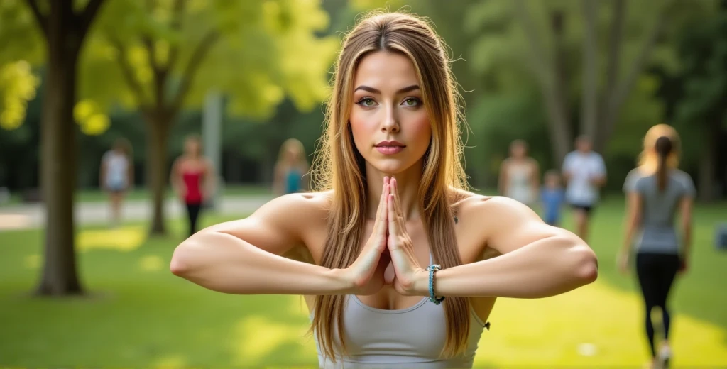 A serene outdoor scene of a woman practicing yoga in a lush, sunlit park. She has long, chestnut brown hair streaked with blonde highlights, tied back into a neat ponytail to keep it out of her face. Dressed in comfortable workout clothes, she is in a strong and balanced Warrior II pose, her arms extended confidently and her gaze focused straight ahead. The surrounding greenery is vibrant, with soft sunlight filtering through the trees, casting dappled shadows on the grass. In the background, a few people are jogging or walking, adding a sense of quiet activity. The atmosphere exudes calmness, strength, and a connection to nature, representing her journey toward physical and emotional renewal. anti, Nexia