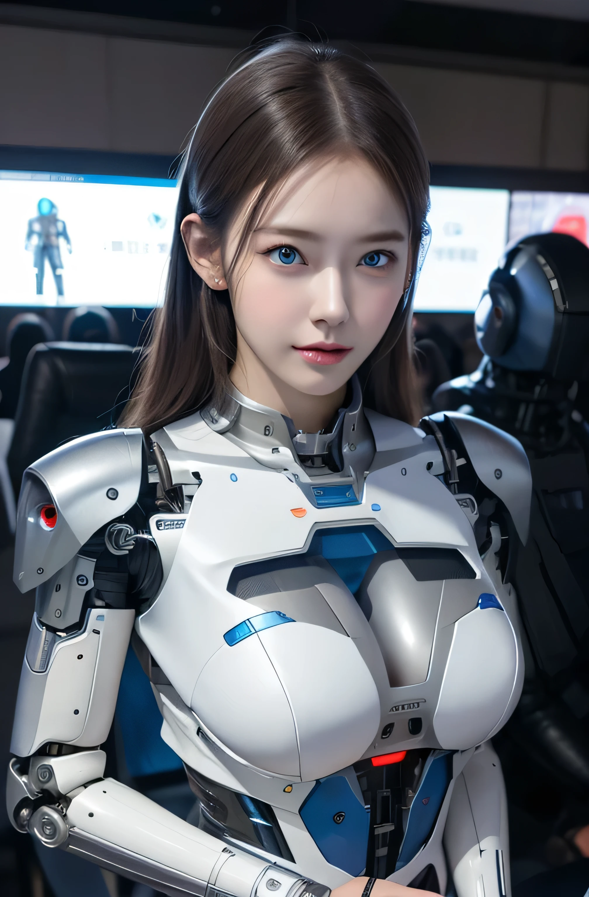 masterpiece, best quality, extremely detailed,  Japaese Cyborg girl,Plump , control panels,android,Droid,Mechanical Hand, Robot arms and legs, Black Robot Parts,Black hair,Mechanical body,Blunt bangs,White robotics parts,perfect robot girl,long tube,thick cable connected her neck,ceramic body ,mechanical body, mechanical ear cover, mechanical costume,android,robot,humanoid,cyborg,japanese android woman ,mechanical chest,full eyes,future laboratory,connecting a cable between the legs,masutepiece, Best Quality, Illustration, Ultra-detailed, finely detail, hight resolution, 8K Wallpaper, Perfect dynamic composition, Beautiful detailed cyan colored eyes, suits,Medium Hair,  Natural Color Lip, Random and sexy poses,Smile,‎Classroom、20 years girl、lifelike face、real looking skin、Realistic blue eyes、cute little, robotic neck, robotic arms and legs, deep blue eyes, career woman robot, robot girl, cyborg, control panels, control monitor in chest, 8K, RAW photos, Best quality, Masterpiece: 1.2),(best qualtiy，8K, Yes，32K，masterpiece，hyper HD：1.2) , Generate a highly detailed and realistic 4K description of a robot woman, emphasizing every detail, from her attire to the surrounding environment, skinny body, perfect body, beautifull face, asian face, glowing skin, cyborg girl, deep blue eyes, android robot, mechanical details, japanese robot girl, robotic chest, add chest monitor, perfect blue eyes, control panels, korean android woman,perfect robot girl,long tube,thick cable connected her neck,android,robot,humanoid,cyborg, japanese cyborg girl , She is setting now,chest monitor