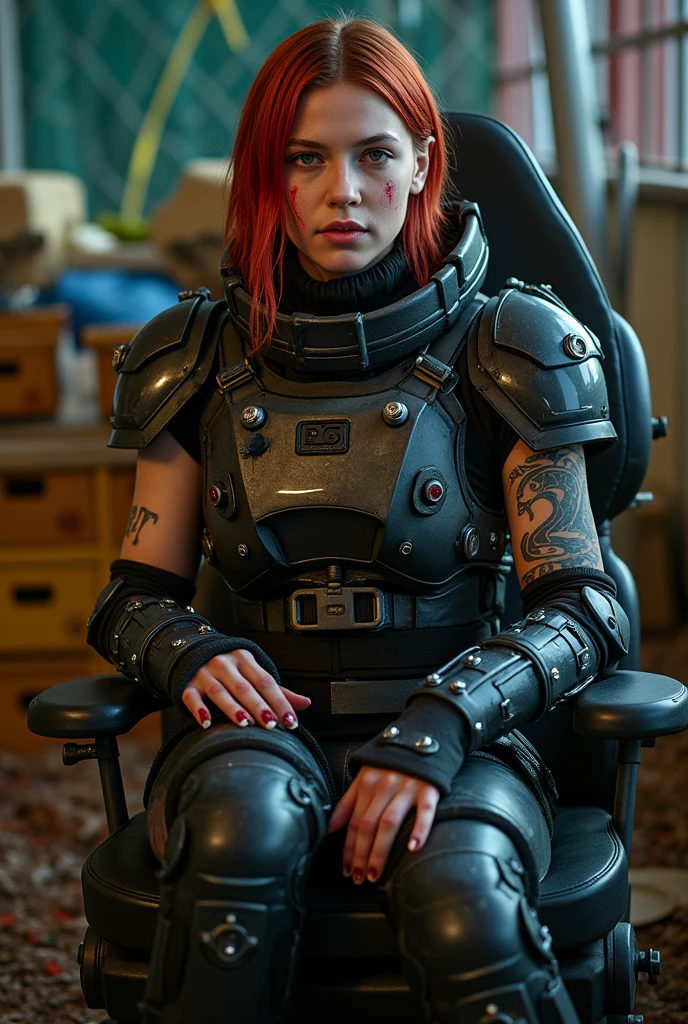  Beautiful hyperrealistic photo of a cute young Swedish woman with runic tattoos, ((dirty face,  blood-splattered )), ((( wearing full heavy mechanical armor , Combat harness,  neon highlights ))) Short red dreadlocks, (((sitting in a chair pose ))),  interior of a military facility background , Camouflage Net,  Ammunition boxes abstract beauty , Almost perfect, Pure Form, golden ratio, concept art,  Brian Froud and Carne Griffiths and Vadim Kashin ,  Complex Details , post production 8k,  High resolution, super detail,  trends on ArtStation ,  clear focus ,  studio photos ,  Complex Details ,  very detailed ,  Greg Rutkowski 