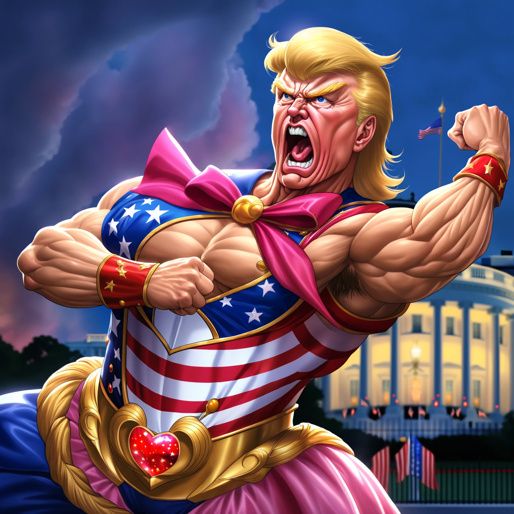 A muscular Donald Trump with blonde hair undergoing a magical girl transformation into Sailor Moon, dramatically saving the American flag while shouting "MAGA!" outside the White House, highly detailed, photorealistic, cinematic lighting, vibrant colors, dynamic action pose
