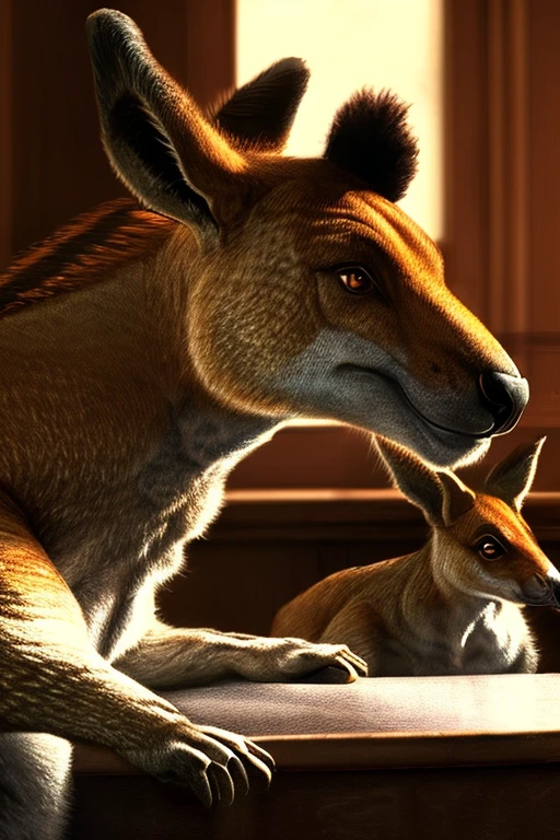 a courtroom full of muscular kangaroos wearing thick diapers, detailed fur texture,extremely detailed anatomy, realistic lighting, dramatic composition, cinematic lighting, hyper detailed, cinematic camera angle, high quality, 8k, photorealistic, chiaroscuro lighting, moody lighting, dramatic shadows, intricate details, high resolution, digital art, illustration, concept art