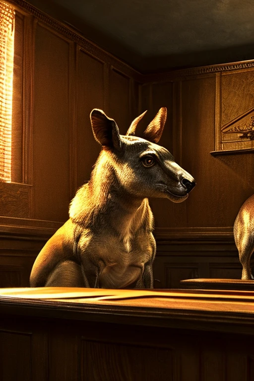 a courtroom full of muscular kangaroos wearing thick diapers, detailed fur texture,extremely detailed anatomy, realistic lighting, dramatic composition, cinematic lighting, hyper detailed, cinematic camera angle, high quality, 8k, photorealistic, chiaroscuro lighting, moody lighting, dramatic shadows, intricate details, high resolution, digital art, illustration, concept art