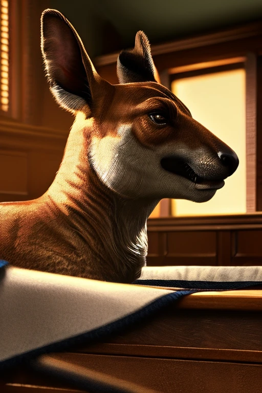 a courtroom full of muscular kangaroos wearing thick diapers, detailed fur texture,extremely detailed anatomy, realistic lighting, dramatic composition, cinematic lighting, hyper detailed, cinematic camera angle, high quality, 8k, photorealistic, chiaroscuro lighting, moody lighting, dramatic shadows, intricate details, high resolution, digital art, illustration, concept art