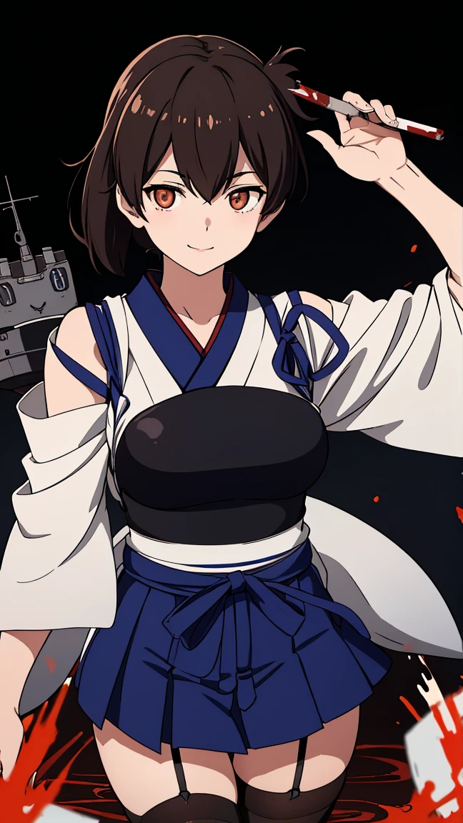 score_9, score_8_up, score_7_up, score_6_up, score_5_up, score_4_up , anime coloring (masterpiece, highest quality) detailed, kaga (kancolle), {{kaga kai ni (kancolle)}},, brown eyes, black hair, japanese clothes, blue hakama, hakama short skirt, (zettai ryouiki black tights and garter belt) , ,,JK, (The highlights are gone from his eyes.) (Numerous blood spills on clothes, skirt and body..)looking down at viewer.japanese clothes, kimono, long hair, looking at viewer, (brown eyes), smile, glowing eyes, (blood swirl)), (yandere:1.4), (glowing eyes:1.4), crazy eyes,