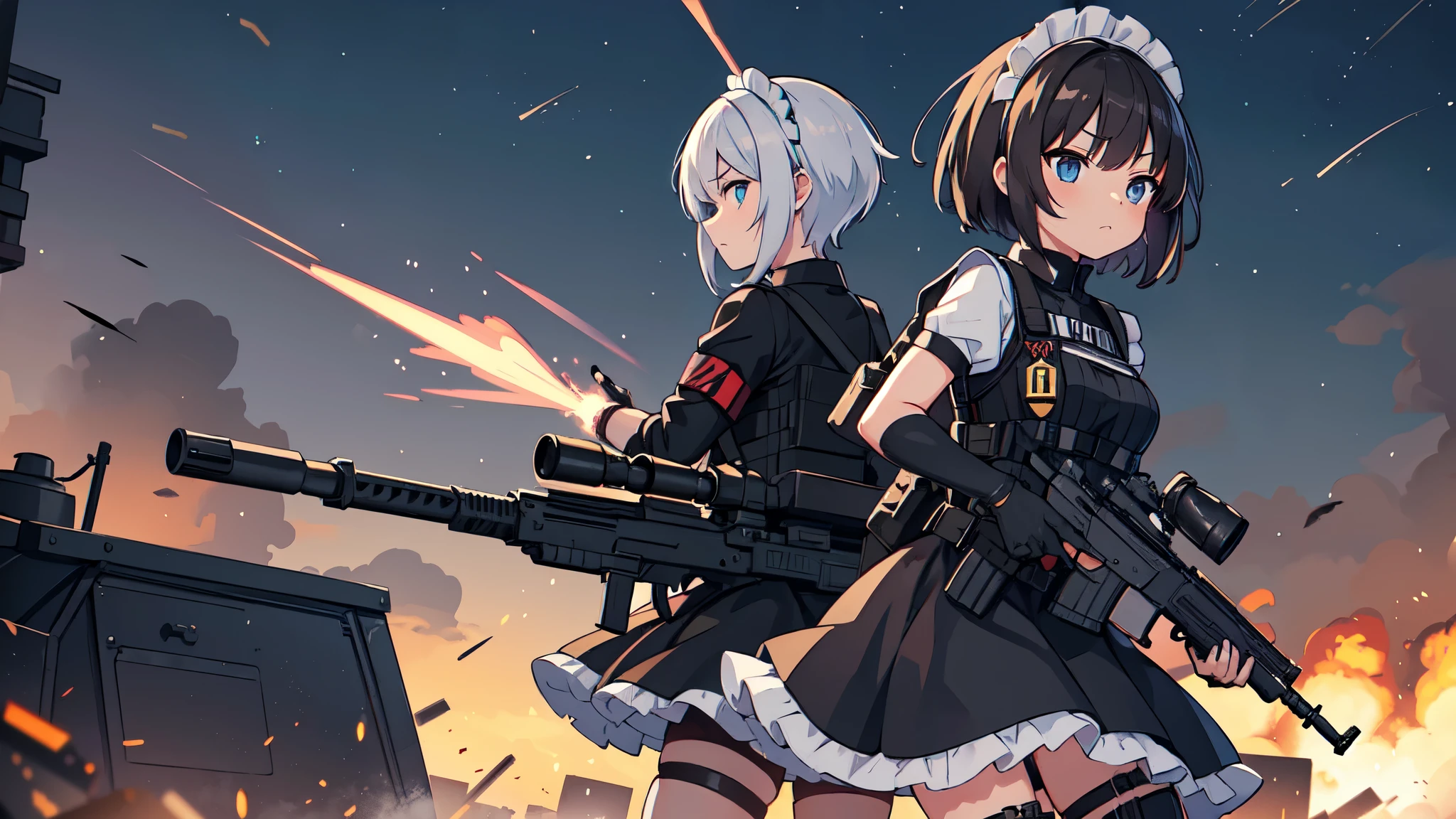 (Anime style),high quality, 1girl, maid, Tactical maid, maid outfit, tactical outfit, stiff tactical vest, tactical gloves, tactical command, tactical accessories, explosions in the background, gun standoff scene, in the middle of crossfire, bullets passing at her side, center focus, short hair, hair movement, target-focused attitude, coldness expression, detailed eyes, explosion reflex in her eyes, pointing her assault rifle, dark sky from the embers of battle, attention to detail, military, tactical maid, black leather fingerless gloves, girl, maid dress, maid outfit, tactical equipment, tactical leg straps, tactical, looking at viewer, military straps, military harness, military light vest, two-tone hair,