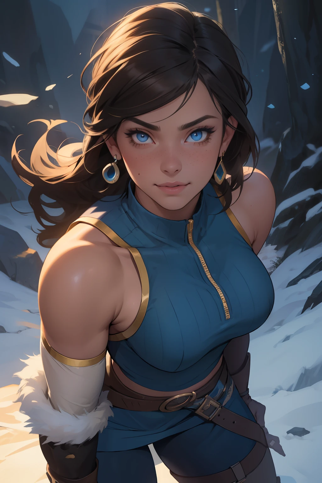 Korra da avatar,(best quality, 4K,8k,high resolution,work of art:1.2)(weather: showing), tundra background, artic village, wide hips, long curly hair, brown hair, freckles, sleeveless crop top, fur belt, bodycon winter skirt, leggings, winter boots, elbow long gloves, light makeup, dark eyeliner, blush, flirting pose, earrings, glowing eyes, ultra detailed, portrait, realistic, beautiful detailed blue eyes, beautiful detailed lips, extremely detailed eye and face, long eyelashes,average, large breasts, flying hair, beaming smile, sexy smile, powerful girl, bright coloured, dramatic lighting, blue flames,