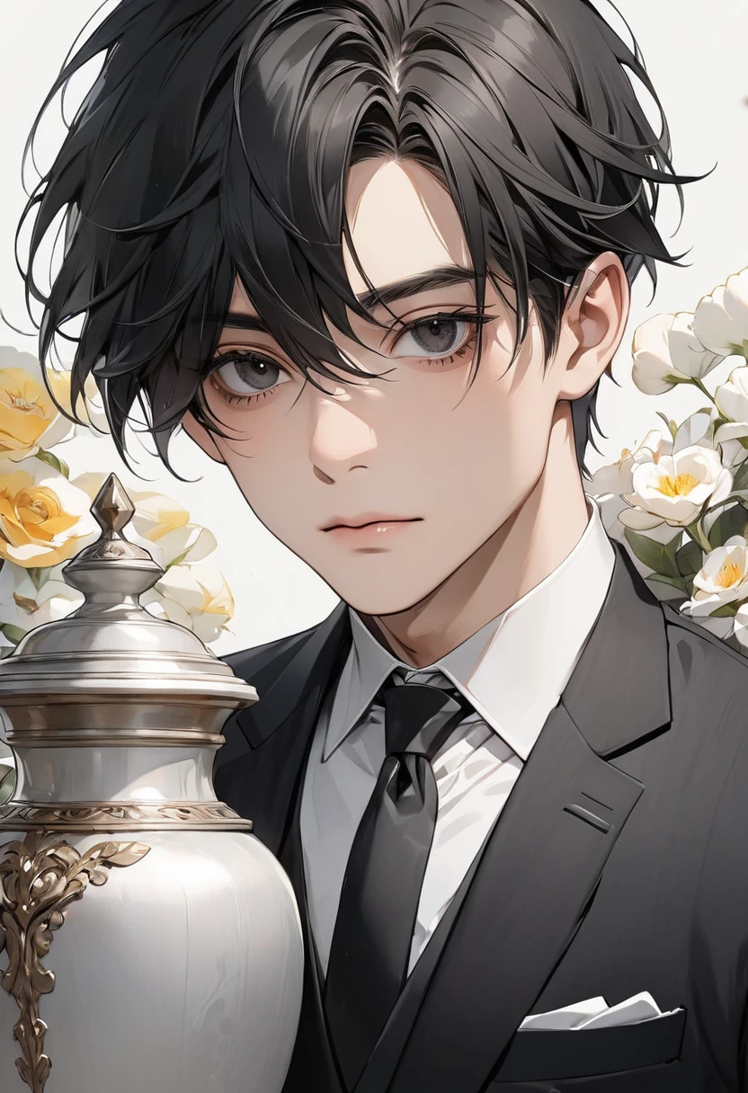  best quality,  black hair , 1. Boy,  Big Black Eyes ,  black suit with urn , Dress neatly ,  upper body only, Background white