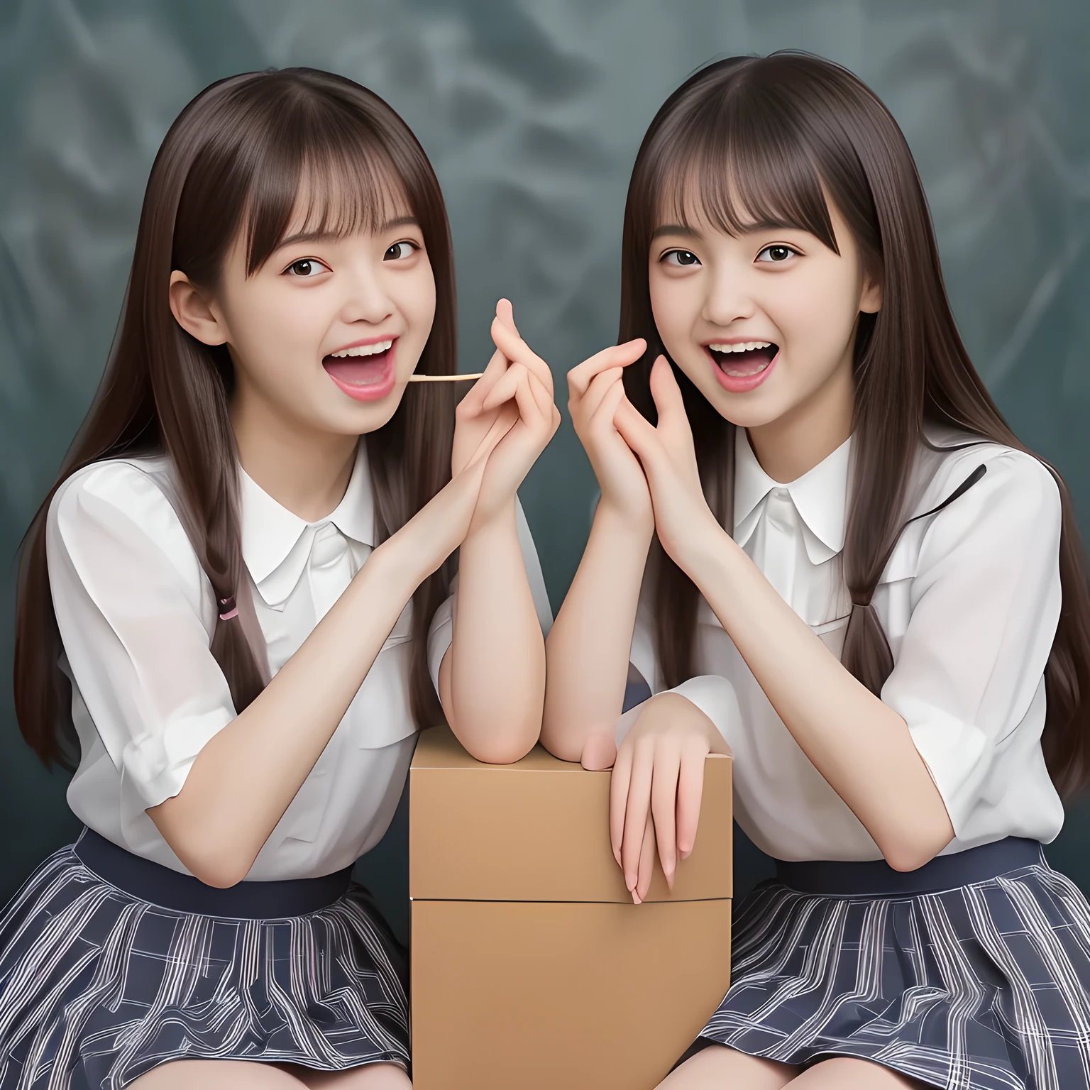 (Highest quality, masterpiece:1.2), Highest quality, High resolution, 1080P, 8k, height: 158cm, (Two 13yo Japanese beautiful girl idols are seated and giving subliminal invitation and temptation to eroticism, cute skirt with beautiful knees, looking at the viewer, can't stop showing cute smile open mouth because of feeling too funny about the viewer, very white-white face, very proud of her long straight black hair, using face-whitening cosmetics, 13yo girl's prominent eyes, opened laughing giggling most open mouth, too expensive luxurious glossy too-much-girly erotic frilled ivory silk blouse, woolen navy-checkered large-box-pleats school-skirt and bewitching ribbon on the breast, well-straitened super-super-long well-trimmed long hair, evenly neatly trimmed girly cute bangs: 1.5), (white thighs and knees: 1.7), (Well-balanced, impressive, lovely, drooping, double-eyelids, black shining large prominent eyes of 13yo idol with detailed: 1.5), ((Beautiful well-figured glossy opened laughing lips: 1.2)), (mature breast), (The viewer can't stop madly kissing them because of her beauty and subliminal strong invitation), (Very beautiful, super-glossy, cute neat black amazingly long hair, straight well-done long hair-style: 1.3), (plain blue background: 1.6), (Best style like a 14yo fashion model, mature breast), (((Completely balanced beautiful big big eyes, looking at me))), (eyes, face and hair are especially beautifully detailed and beautifully drawn: 1.5),  (The soft white light clearly shows her face extremely white: 1.2), (Feel too luxurious and expensive), (School uniform, too-cute slender 13yo super-long-hair Japanese beautiful-young-girl idol twins, Super long hair 13yo super-beautiful super-cute 13yo idol of pure girls photo magazine in Japan are laughing and licking the other's hand each other with super-wide open open laughing mouth like eating the viewer, everything is too beautiful: 2.1)