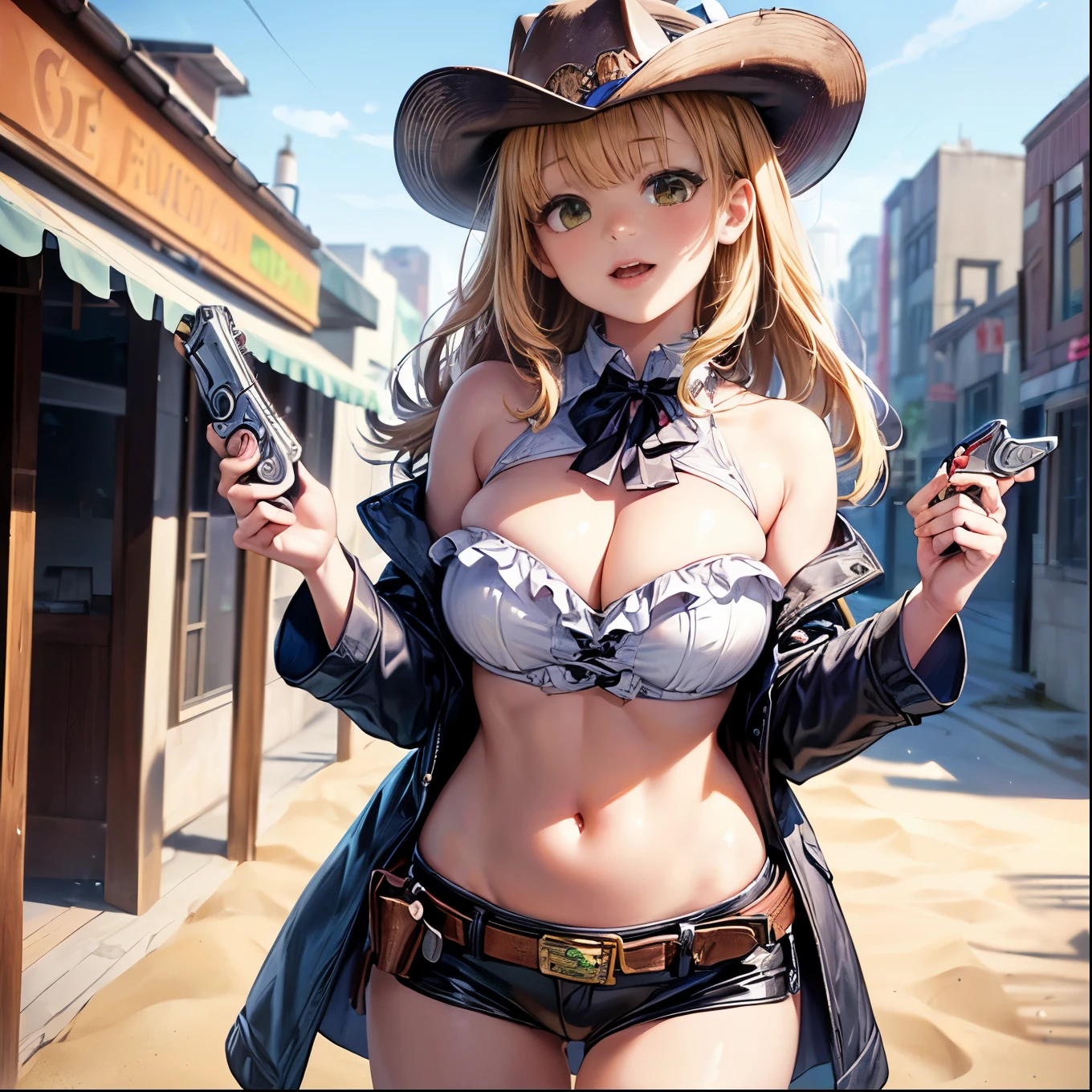 A woman wearing short black denim shorts, a long black leather jacket with yellow details, an open jacket, wearing a black bra, large breasts, black leather boots, blonde hair, long hair, pigtails, green eyes, a black cowboy hat with yellow details, smiling, standing holding a traditional shotgun, perfect shotgun, in a faroest city, on a concrete sidewalk, Monument Valley location,UHD , prime work , accurate , anatomically correct , textured skin , super details , high quality , best quality, 8k, high resolution, bokeh effect. (woman alone), close view
