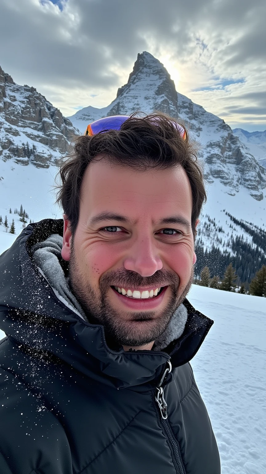 A cinematic and highly realistic scene of a man skiing down a snow-covered mountain, with the focus on his face. The man is not wearing goggles, a helmet, or a hat, allowing his hair to flow naturally in the cold mountain air. His expression is intense and determined, with snowflakes brushing past his face. The snow sprays dynamically around him, adding a sense of motion. The background features majestic, snow-covered peaks under a dramatic, slightly overcast sky, with soft light illuminating his features. The details of his face, the texture of the snow, and the dynamic action are all captured vividly.