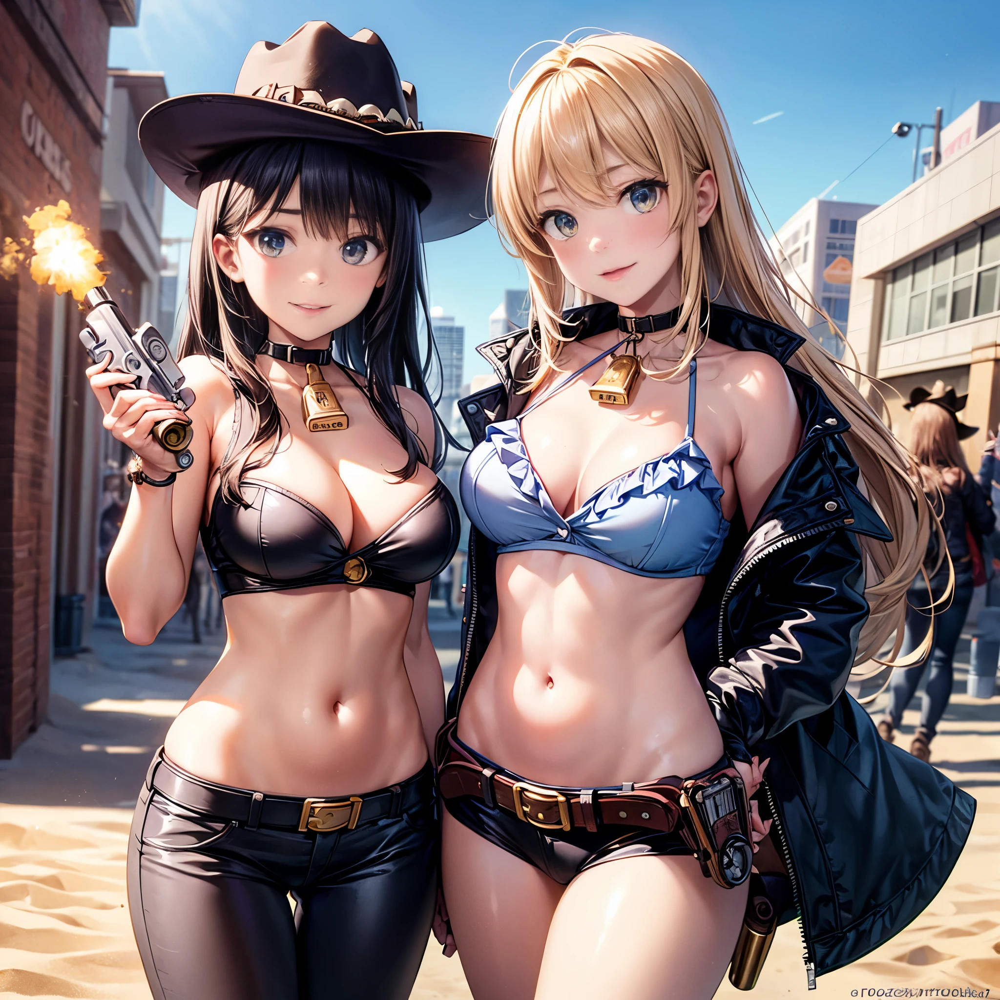 western drama,Caracar Desert,Cowgirl,Redhead,Braid,(Brown hot pants:1.6),Gunman,Skin Belt,High Boots,Have,With a smile,Wink,Cute and sly,Stars and Stripes Bikini,Cowboy hat,Attractive thighs,Brown Skin,Hunchback,Brown Hot Pants,floor、Butt sticking out pose,Side angle