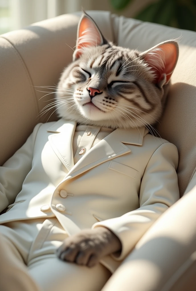 white cat wearing a beautiful suit lying on a bed by a beautiful swimming pool looking at beautiful view with guards standing net to it.