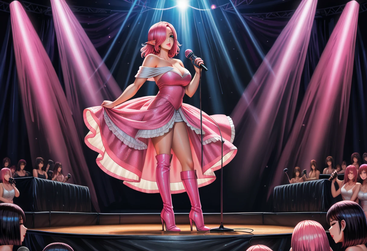 (highly detailed photo composition), (raw photo:1.3), Studio photography, jem, pink dress, pink hair, long hair, makeup, lipstick, pink high heels, glittery pink tight dress, (beautiful, stunning, sexy)singing on a rock stage, neon ligthing, reflectors, star_earings, 1980's, glam rock, intricate details, very detailed, (detailed face), (realistic skin), (high res photography, uhd, 8k), (masterpiece, top quality, best quality, beautiful and aesthetic:1.2)