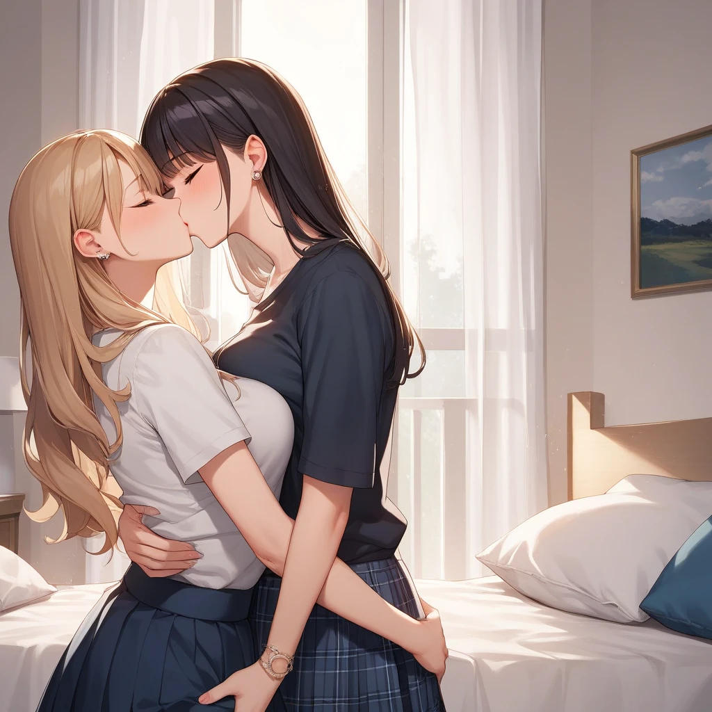 best quality,((((2girl)))),twins,yuri,((big breasts:1.3)),curvy,orgasm,blush, sweat,blonde hair,short hair,wavy hair,white shirt,pink skirt,mini skirt,lift skirt,upskirt,lace panties,white panties,white kneehighs,hug,girl hugs girl,kiss,tongue out,saliva,saliva trail