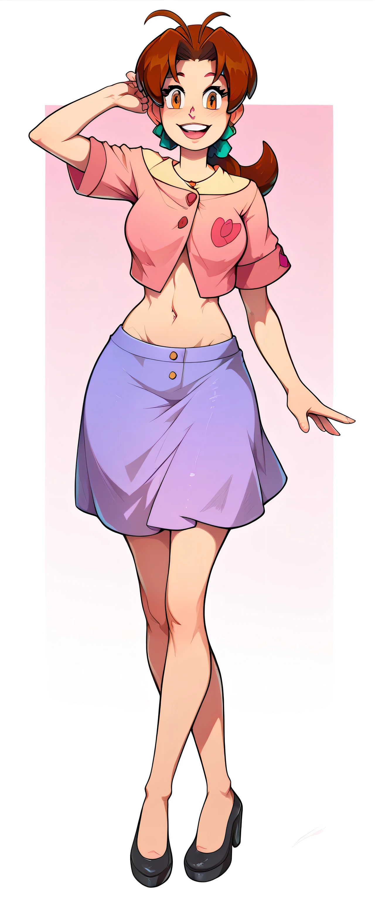 A girl Delia Ketchum beautiful attractive big breasted sexy long brown hair her brown eye wears a pink button blouse shows her navel and a light purple skirt short black heel 