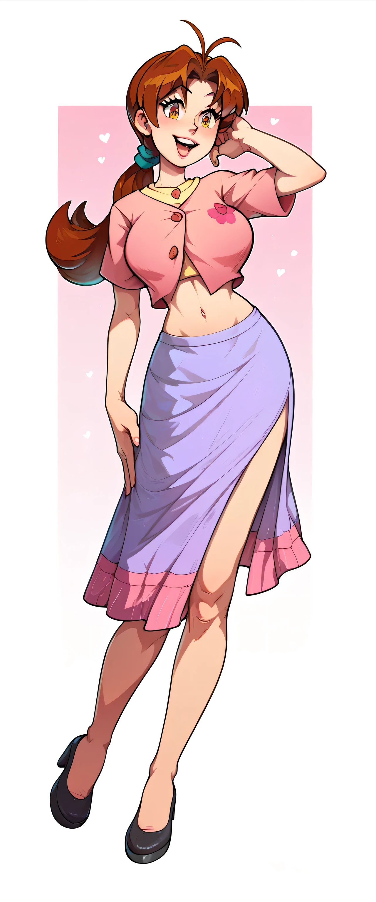 A girl Delia Ketchum beautiful attractive big breasted sexy long brown hair her brown eye wears a pink button blouse shows her navel and a light purple skirt short black heel 