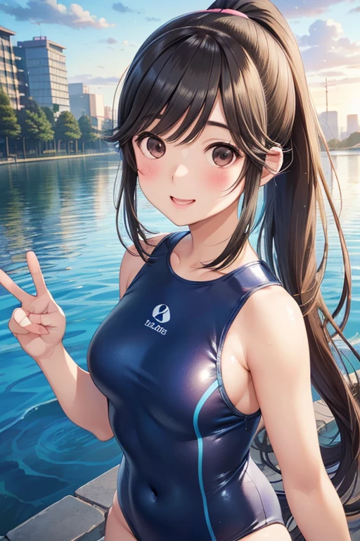 Takane Manaka、 Shiny brown long hair、Ribbon ponytail,、 beautiful brown eyed  、smile、Sparkling Eyes, (fine grain)、 several people having fun with each other while having very detailed 目、 several people having fun with each other while having very detailed 顔,  several people having fun with each other while having very detailed 目, masterpiece,  best quality,  Hi-Res, ( best quality,masterpiece:1.2),Alone,Alone、 cowboy shots、


(masterpiece:1.3,  best quality, 超 Hi-Res,  several people having fun with each other while having very detailed ), (Realistic:1.1, photoRealistic:1.4),  beautiful illustration ,  full light,  colorful , Detailed border, 
Being watched by the audience,  1 girl, Japanese,  high school girl ,  perfect face, (perfect anatomy,  anatomically accurate ), cute, Symmetrical face, baby face, Sunburn,  glowing skin, 

((Light blue high cut swimsuit)),  
(  beautiful view ),  evening , (Outdoor, Distant cityscape),  standing , (  peace sign), (cutesmile, 、 look up ,  open your mouth)、 sexy