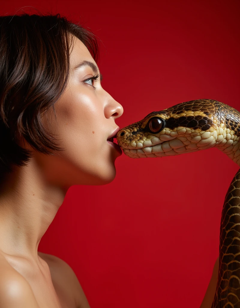  incredibly epic hot kiss by a cute 20 year old European girl with short hair (Audrey Hepburn, ann hathaway ) with a snake (big , big king cobra ), kiss a girl and a cobra lips to lips , red plat side view , incredible facial detail ,  maximum detail of snake scales ,  photorealistic shot ,close angle,  focus on kiss , incredible shot ,a light dress 