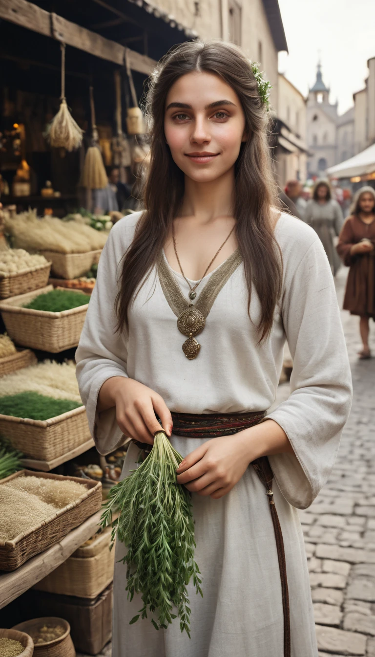 Highest quality realistic photos, Bare skin texture, Hair texture, Girl selling herbs and holy water in a medieval market, Poor clothes, Very beautiful face