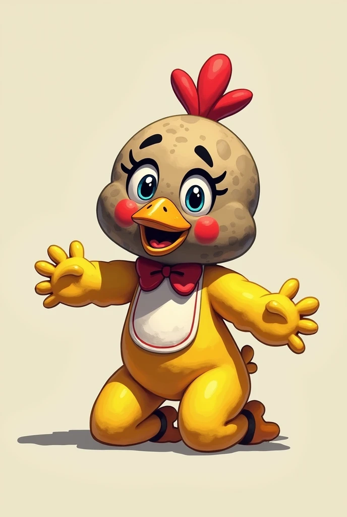 Chica the chicken from fnaf, orange paws, pawpads, very sexy, chicken beack, sharp teeth, horror, 4 paws, big breast, big nipples, adult. Dark orange background. Masterpiece, UHD