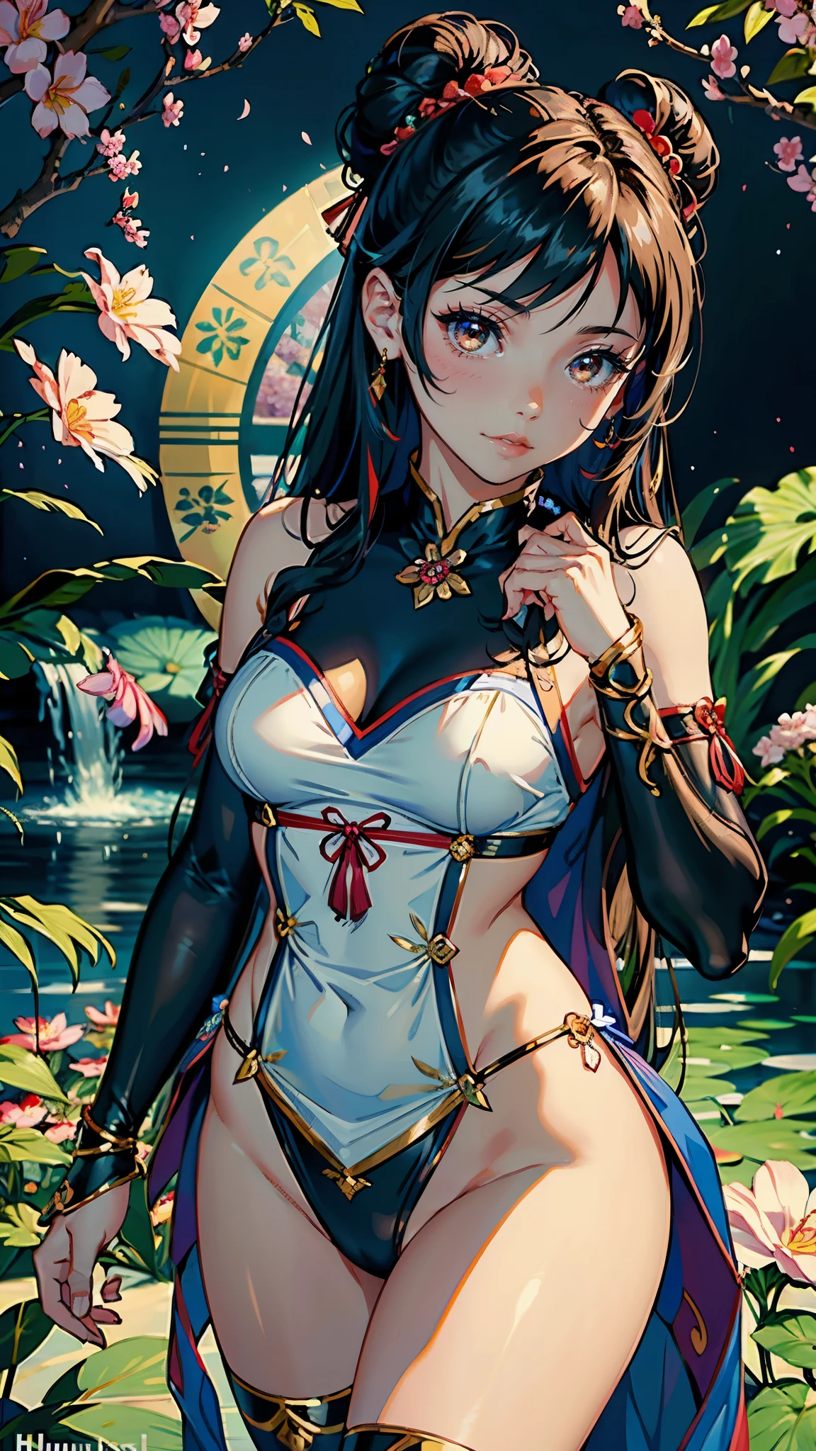 (highest quality, masterpiece, High resolution)、(anime art)、bright light、brown eyes、(thick hair)、long hair、hair ornaments、Cute face details、enchanting smile、small breasts、whole body、((sakura tropical))  (best quality,4k,8k,highres,masterpiece:1.2),ultra-detailed,(realistic,photorealistic,photo-realistic:1.37),acrylic painting,beautiful Indonesian model wearing a vibrant blue red Chinese traditional silk dress, beautiful Indonesian model in a blue red silk Chinese traditional outfit with downy hair,beautiful Indonesian model's blue red silk Chinese silk dress adorned with cute bows and chains, beautiful Indonesian model with extremely colorful hair and detailed facial features,beautiful Indonesian model standing in a beautiful garden,  beautiful Indonesian model with intricate accessories,beautiful Indonesian model posing gracefully,beautiful Indonesian model with long flowing long hair,beautiful bright brown eyes and rosy lips,beautiful Indonesian model with a joyful expression,beautiful Indonesian model in a dynamic pose with sakura blossoms falling around her,beautiful Indonesian model surrounded by colorful flowers and butterflies, tights,beautiful Indonesian model with an enchanting smile,beautiful Indonesian model with soft, pastel-colored shading, beautiful Indonesian model with a fairytale-like background,sailor moon hair, two hair buns hair,Double Buns, flower in hair, hair ribbons, hair ornaments, long sleeve