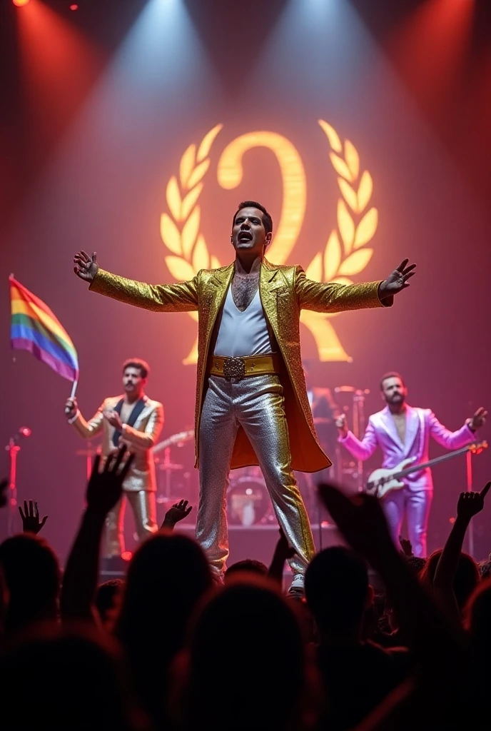 mister young handsome white tall beautiful face all of the same height together on the beach winner of the gold crown with a red white blue swimsuit catwalk public applauds him celebrating throwing bubbles and balloons representing Paraguay