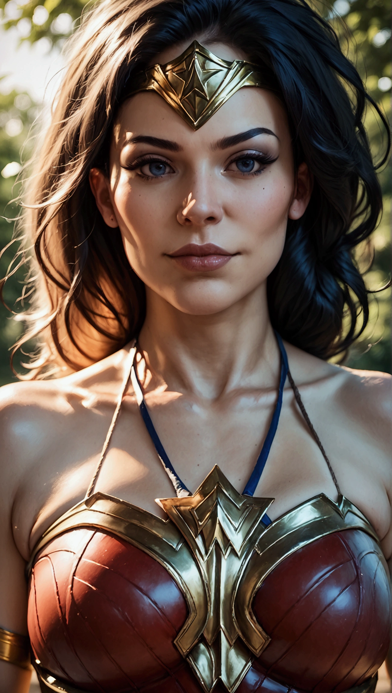 score_9, score_8_up, score_7_up, photo, photorealistic, woman in wonder woman costume, outdoor, daylight, full body shot from below