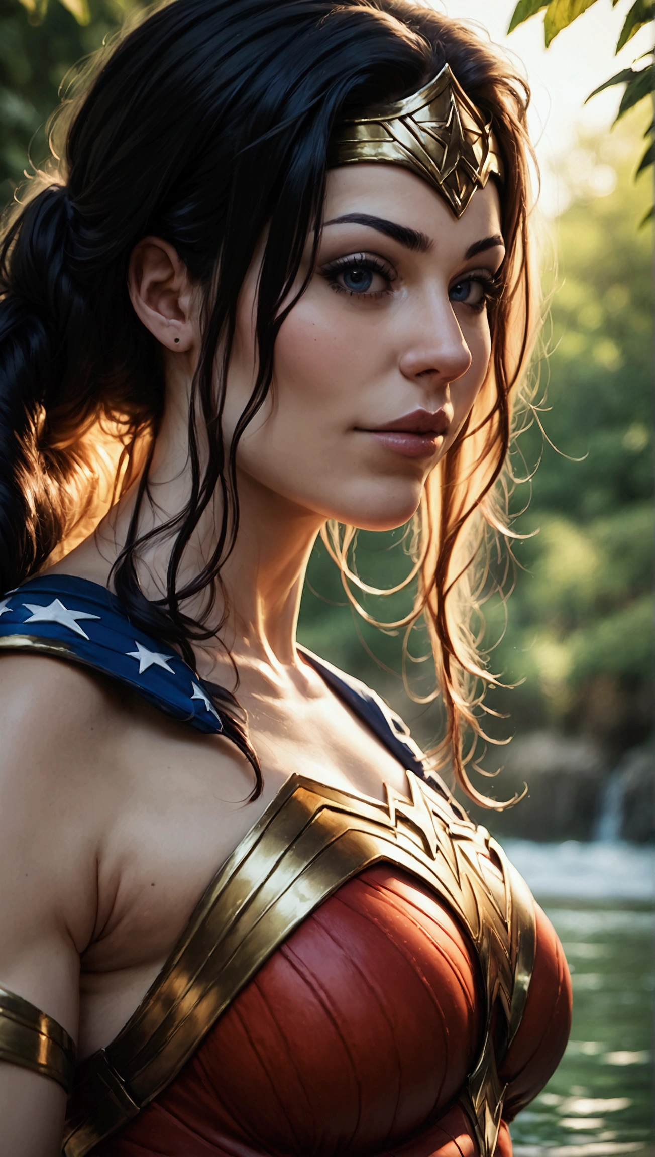 score_9, score_8_up, score_7_up, photo, photorealistic, woman in wonder woman costume, outdoor, daylight, full body shot from below