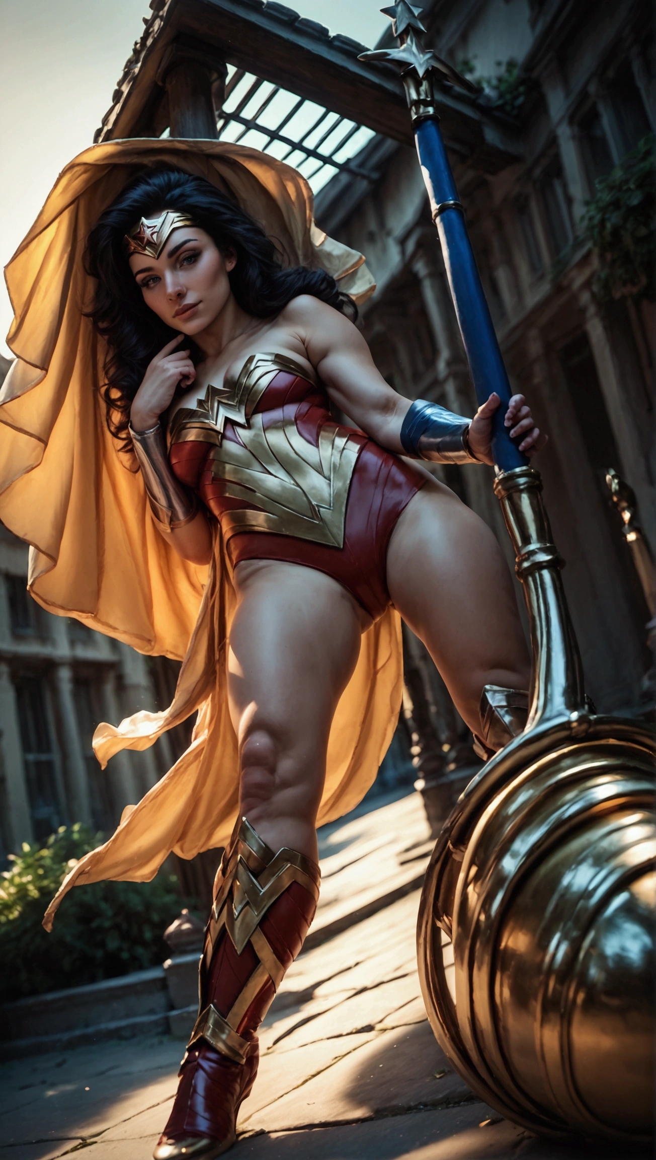 score_9, score_8_up, score_7_up, photo, photorealistic, woman in wonder woman costume, outdoor, daylight, full body shot from below