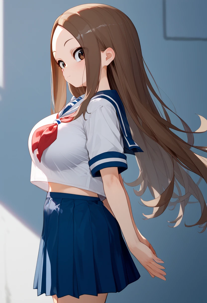 、takagi-san、score_9, score_8_up, score_7_up, 1girl, Alone, Takagi, brown hair, brown eyes, long hair,  white serafuku, blue stripes, blue skirt, red necktie、(huge breast)
、 short stature 、 is short、(**** Big )、
{Highest quality}, {so beautiful}, {Very detailed}, {Best illustrations},Life、slim:1.5、Are standing、From the side、