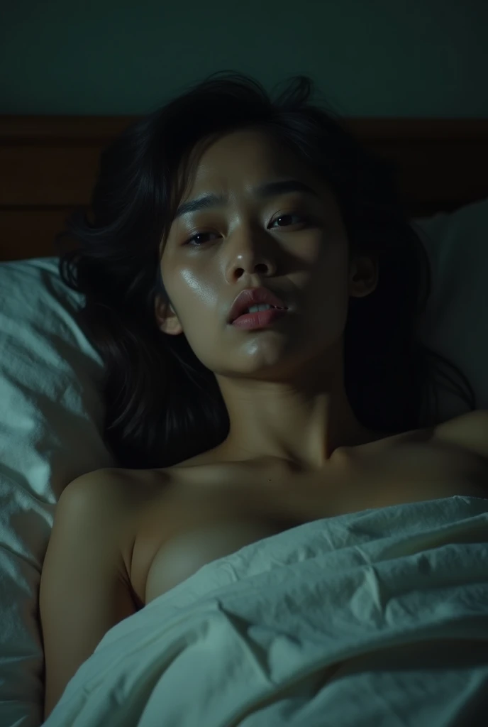 (8K)、(highest quality: 1.2)、(Real)、(Real: 1.4)、Ultra-high resolution、horror film、Dark world、Japan Edo Period、Japan in the 1400s、An 18-year-old girl in a kimono lying face-up on the ground、 perfect 、close her eyes, 19-year-old daughter in pain、It gets dark like a storm is about to break out、A scene sleeping with close her eyes, full perfect body