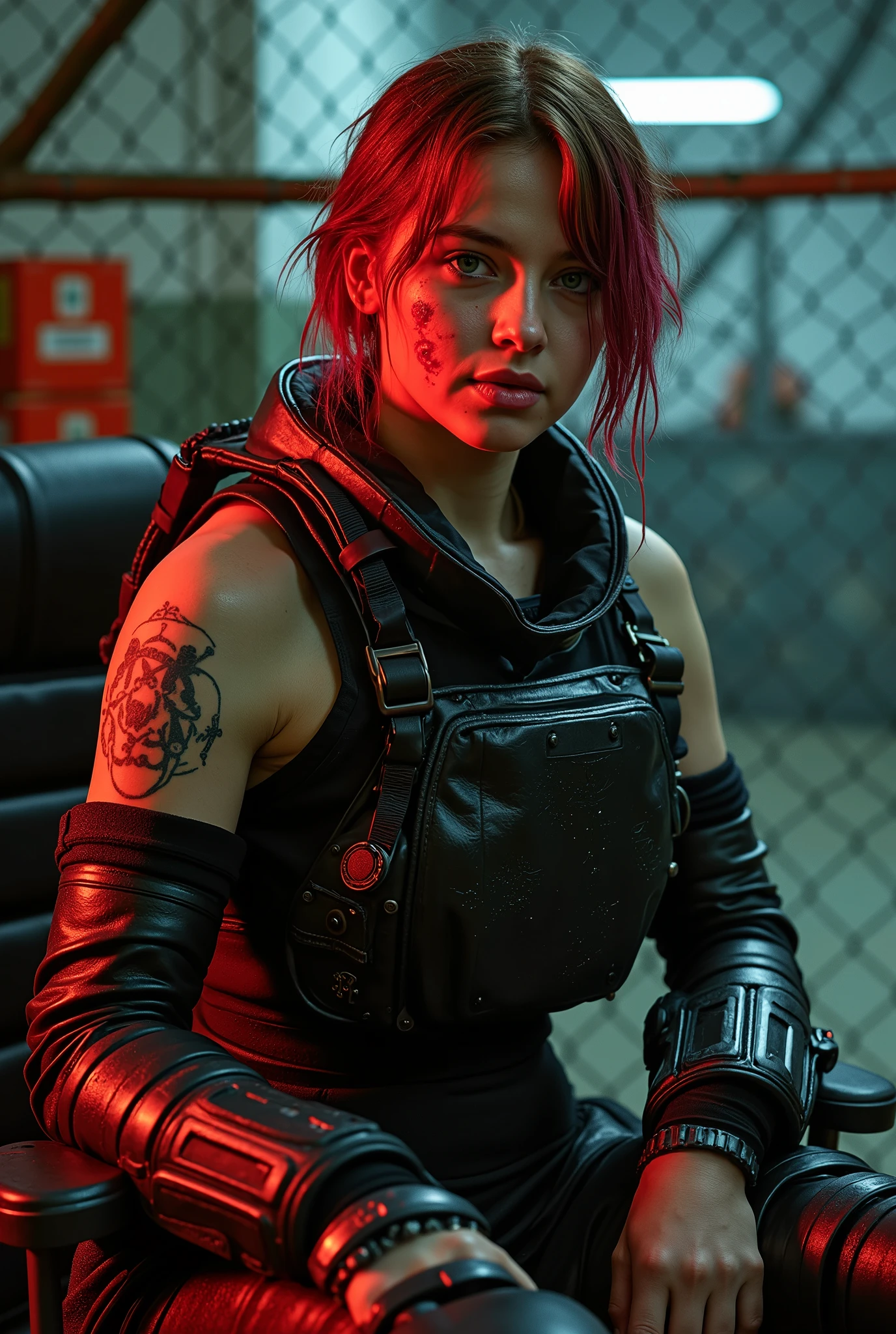  Beautiful hyperrealistic photo of a cute young Swedish woman with runic tattoos, ((dirty face,  blood-splattered )), ((( wearing full heavy mechanical armor , Combat harness,  neon highlights ))) Short red dreadlocks, (((sitting in a chair pose ))),  interior of a military facility background , Camouflage Net,  Ammunition boxes abstract beauty , Almost perfect, Pure Form, golden ratio, concept art,  Brian Froud and Carne Griffiths and Vadim Kashin ,  Complex Details , post production 8k,  High resolution, super detail,  trends on ArtStation ,  clear focus ,  studio photos ,  Complex Details ,  very detailed ,  Greg Rutkowski 