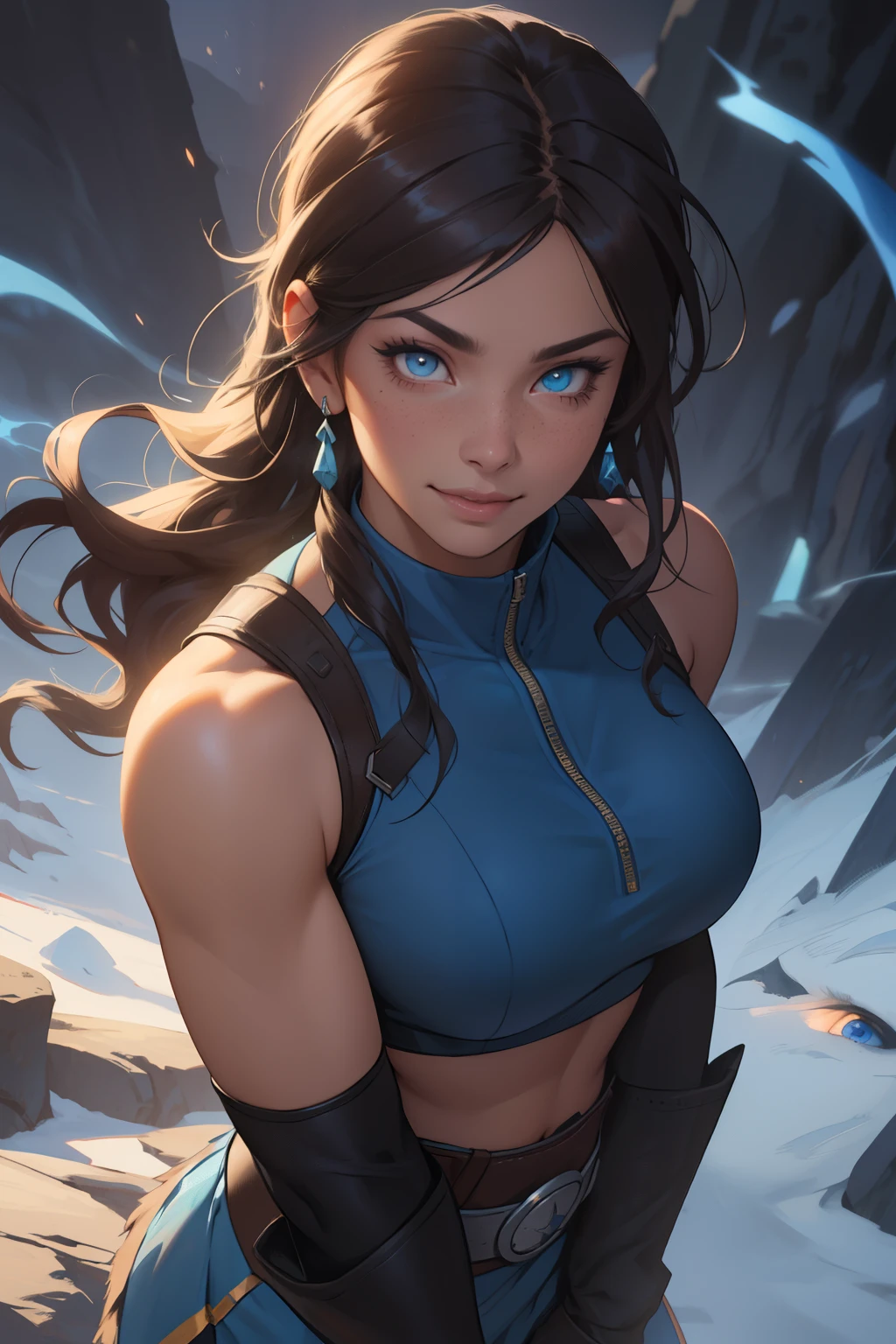 Korra da avatar,(best quality, 4K,8k,high resolution,work of art:1.2)(weather: showing), tundra background, artic village, wide hips, long curly hair, brown hair, freckles, sleeveless crop top, fur belt, bodycon winter skirt, leggings, winter boots, elbow long gloves, light makeup, dark eyeliner, blush, flirting pose, earrings, glowing eyes, ultra detailed, portrait, realistic, beautiful detailed blue eyes, beautiful detailed lips, extremely detailed eye and face, long eyelashes,average, large breasts, flying hair, beaming smile, sexy smile, powerful girl, bright coloured, dramatic lighting, blue flames,