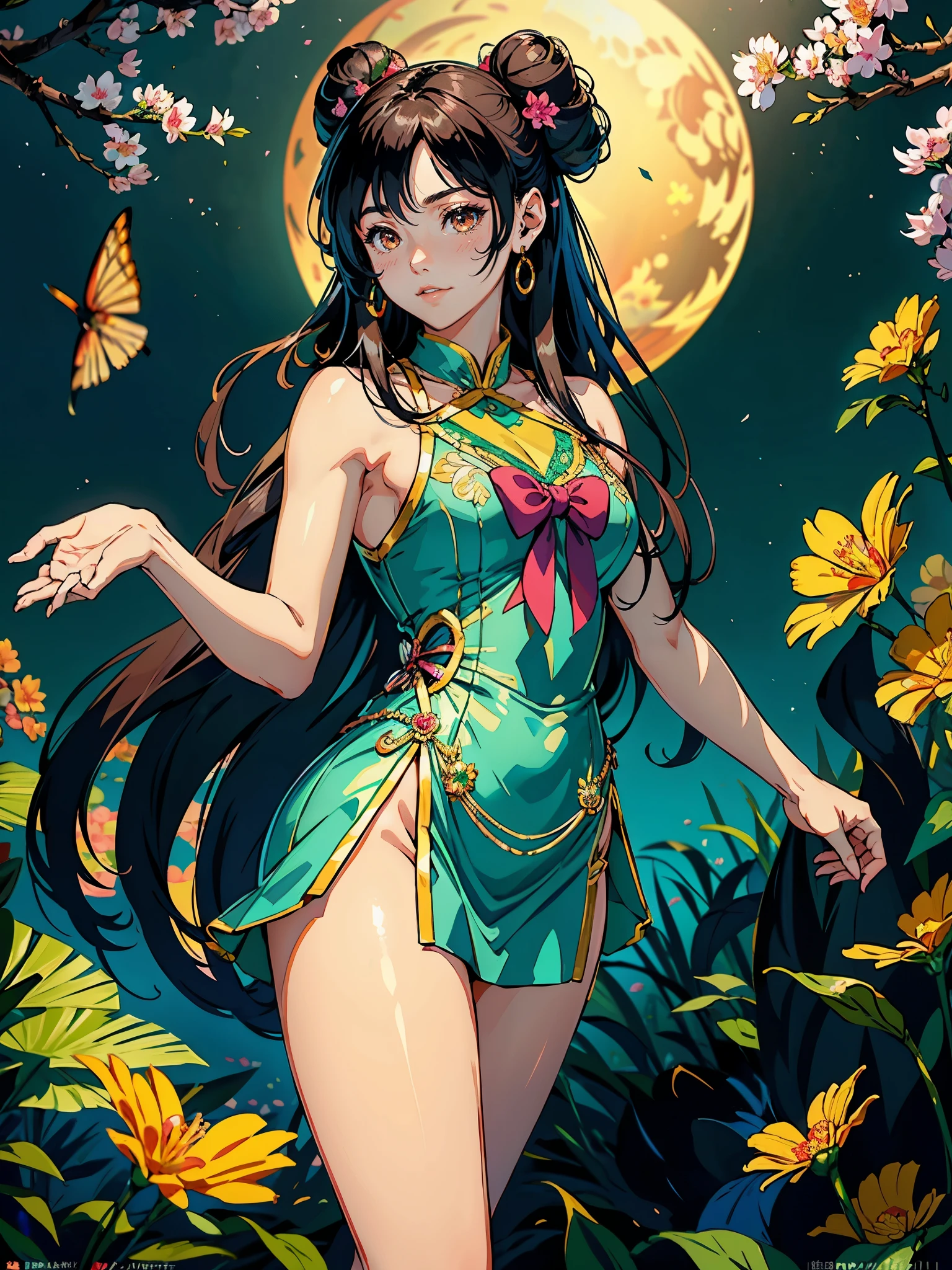(highest quality, masterpiece, High resolution)、(anime art)、bright light、brown eyes、(sailor moon buns)、long hair、hair ornaments、Cute face details、enchanting smile、small breasts、whole body、((sakura tropical)) (best quality,4k,8k,highres,masterpiece:1.2),ultra-detailed,(realistic,photorealistic,photo-realistic:1.37),acrylic painting,beautiful Indonesian model wearing a vibrant emerald green pink Chinese traditional silk dress, beautiful Indonesian model in a emerald green pink silk Chinese traditional outfit with downy hair,beautiful Indonesian model's emerald green pink silk Chinese silk dress adorned with cute bows and chains, beautiful Indonesian model with extremely colorful hair and detailed facial features,beautiful Indonesian model standing in a beautiful garden, beautiful Indonesian model with intricate accessories,beautiful Indonesian model posing gracefully,beautiful Indonesian model with long flowing long hair,beautiful bright brown eyes and rosy lips,beautiful Indonesian model with a joyful expression,beautiful Indonesian model in a dynamic pose with sakura blossoms falling around her,beautiful Indonesian model surrounded by colorful flowers and butterflies, tights,beautiful Indonesian model with an enchanting smile,beautiful Indonesian model with soft, pastel-colored shading, beautiful Indonesian model with a fairytale-like background,sailor moon hair, two hair buns, flower in hair, hair ribbons, hair ornaments,
