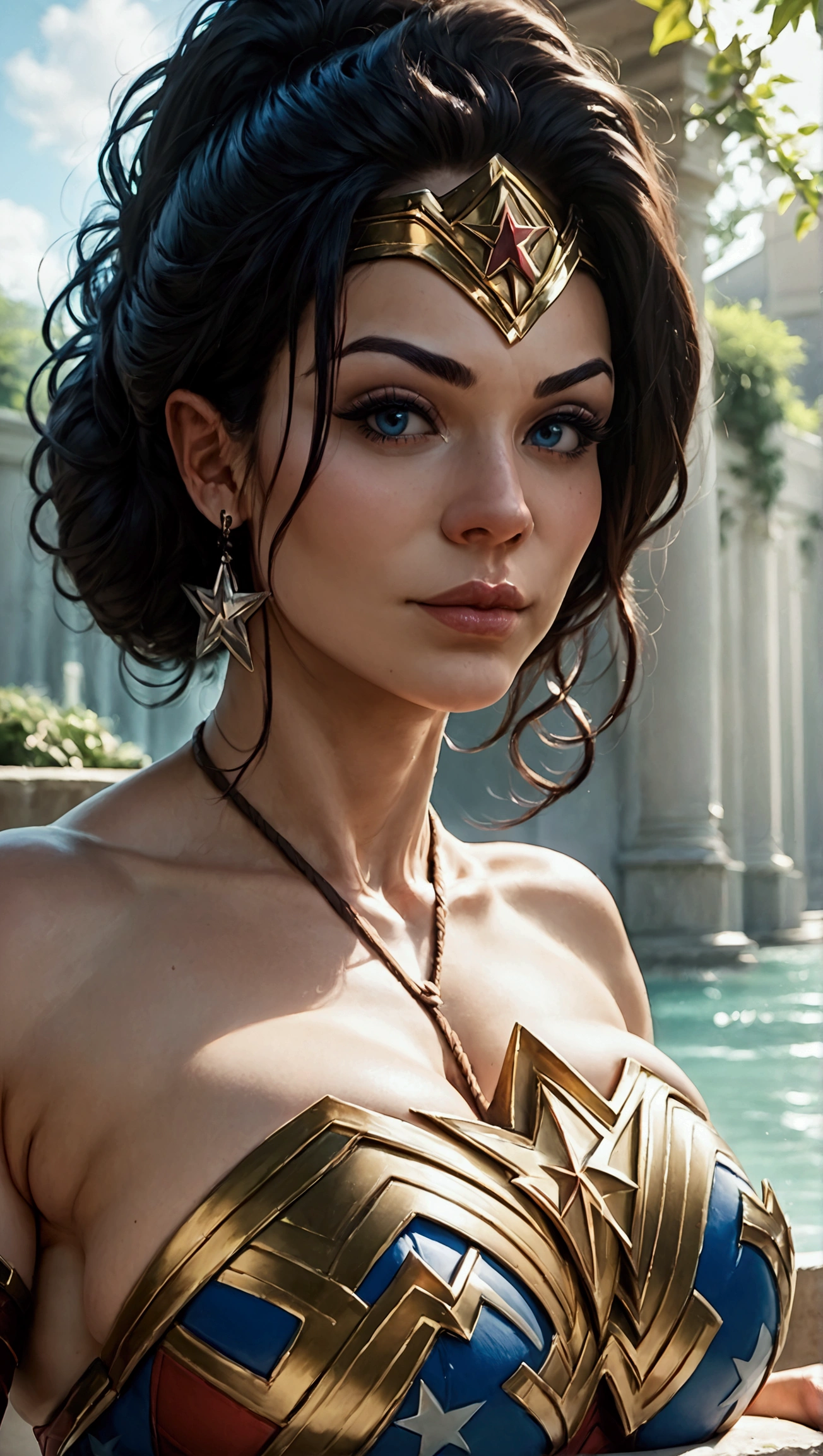 score_9, score_8_up, score_7_up, photo, photorealistic, woman in wonder woman costume, outdoor, daylight, full body shot from below