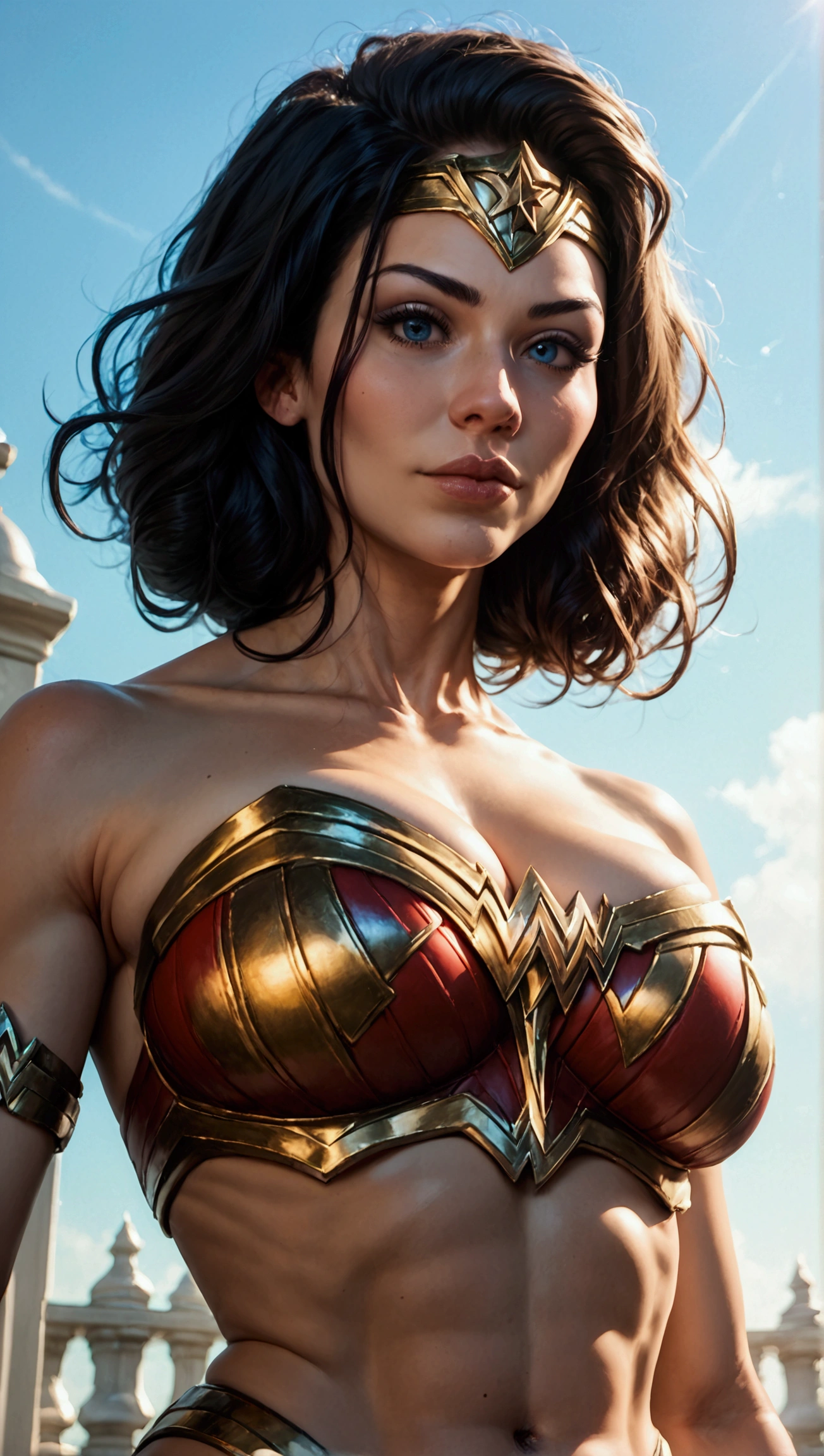 score_9, score_8_up, score_7_up, photo, photorealistic, woman in wonder woman costume, outdoor, daylight, full body shot from below