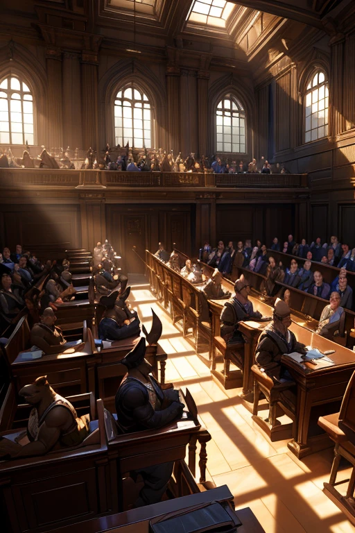 a courtroom full of muscular kangaroos wearing thick diapers, detailed fur texture,extremely detailed anatomy, realistic lighting, dramatic composition, cinematic lighting, hyper detailed, cinematic camera angle, high quality, 8k, photorealistic, chiaroscuro lighting, moody lighting, dramatic shadows, intricate details, high resolution, digital art, illustration, concept art