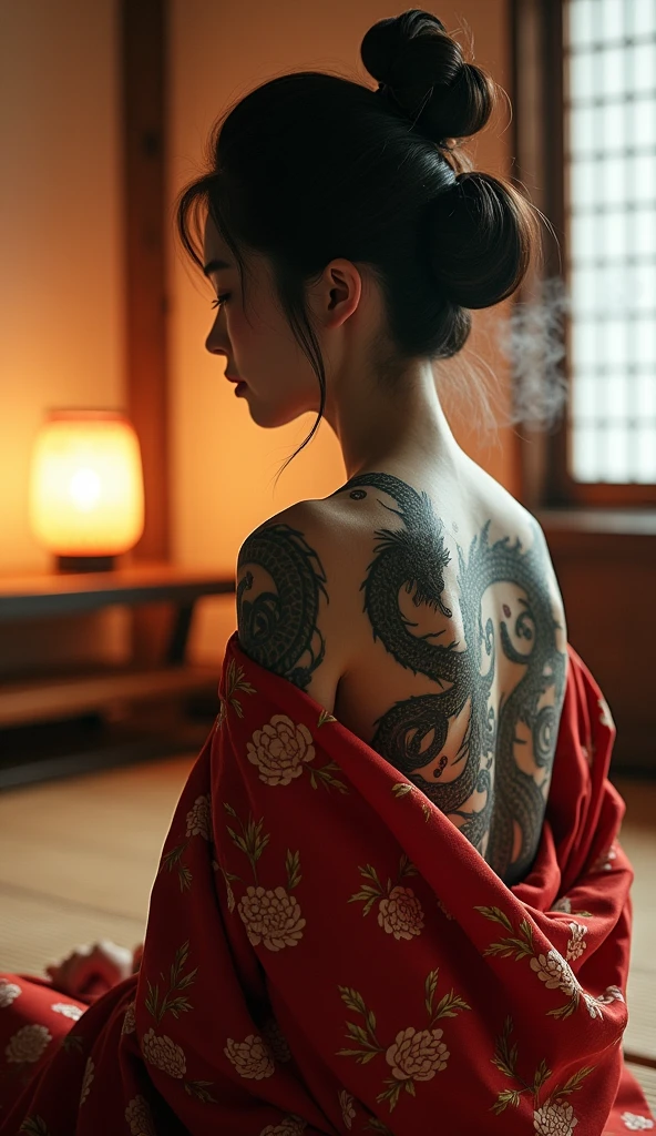 Japanese-style room（Rising dragon tattoo on back）、4、A neat and voluptuous mature woman with a tattoo on her back sitting on a bed、Yakuza tattoo on body、By Tadanori Yokoo、Geisha tattoo、Araki経惟、Dazhu bamboo leaves、By Kano Naizen、By Kano Tan&#39;yū、Oriental tattoo、Araki、Araki経惟