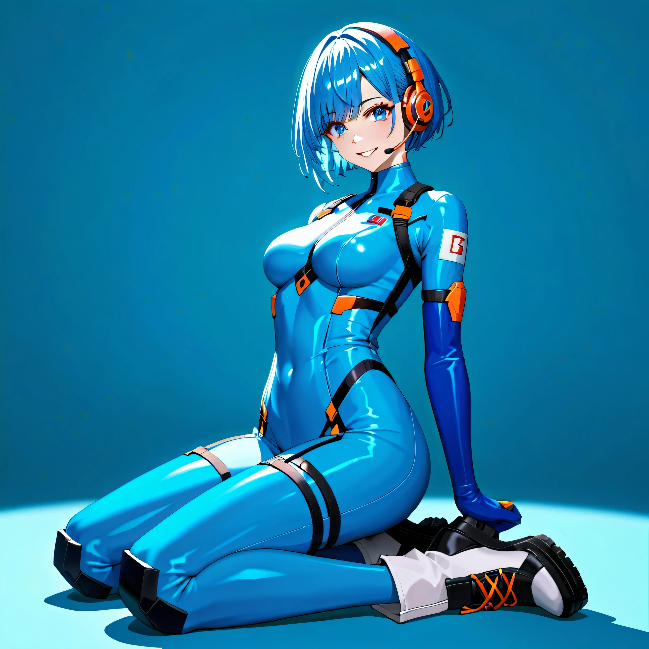 (masterpiece,  top quality,  Highest Resolution ,  clear_ images,  Detailed Details ): (Alone, Lonely Girl, The Face of Japan,  girl with blue hair,  shortcuts, Full body portrait,  little chest, Sparkling blue eyes,  metallic white and blue pilot suit,  perfect clothes , Clothing that covers the entire body,  beauty,  because she's slender , Exoskeleton,  sexy pose, heroine,  full face helmet, Knee Boots)