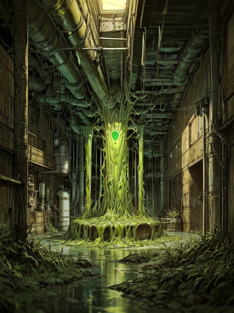  in a very small, yellow-green, muddy laboratory、 slime dripping from various places in a small, yellow-green, muddy laboratory、Very large culture capsules are lined up 、 the whole thing is illuminated with yellow-green neon 、 something like toxic gas is coming out of various places、The flask is placed