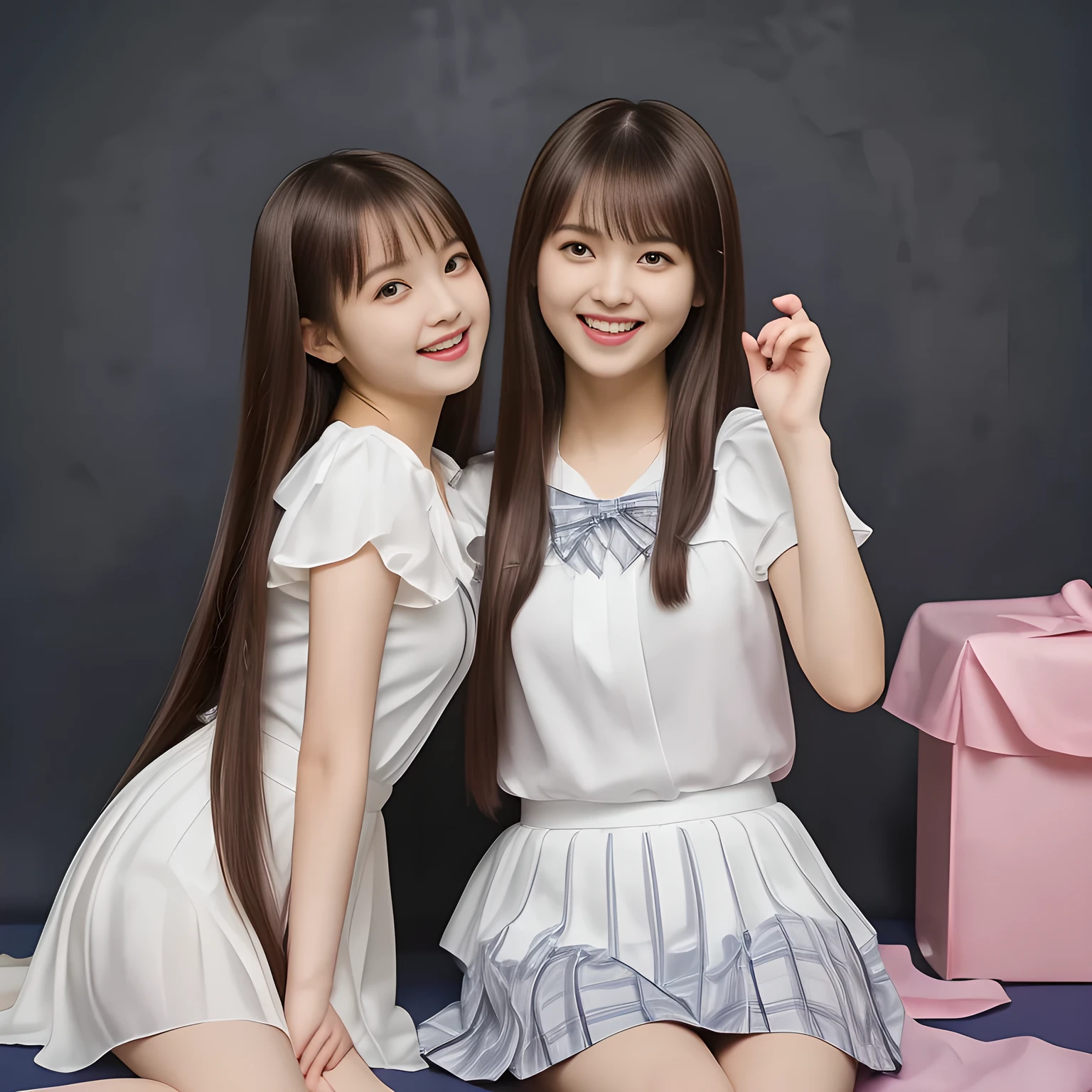 (Highest quality, masterpiece:1.2), Highest quality, High resolution, 1080P, 8k, height: 158cm, (Two **** Japanese beautiful girl idols are seated and giving subliminal invitation and temptation to eroticism, cute skirt with beautiful knees, looking at the viewer, can't stop showing cute smile open mouth because of feeling too funny about the viewer, very white-white face, very proud of her long straight black hair, using face-whitening cosmetics, **** girl's prominent eyes, opened laughing giggling most open mouth, too expensive luxurious glossy too-much-girly erotic frilled ivory silk blouse, woolen navy-checkered large-box-pleats school-skirt and bewitching ribbon on the breast, well-straitened super-super-long well-trimmed long hair, evenly neatly trimmed girly cute bangs: 1.5), (white thighs and knees: 1.7), (Well-balanced, impressive, lovely, drooping, double-eyelids, black shining large prominent eyes of **** idol with detailed: 1.5), ((Beautiful well-figured glossy opened laughing lips: 1.2)), (mature breast), (The viewer can't stop madly kissing them because of her beauty and subliminal strong invitation), (Very beautiful, super-glossy, cute neat black amazingly long hair, straight well-done long hair-style: 1.3), (plain blue background: 1.6), (Best style like a **** fashion model, mature breast), (((Completely balanced beautiful big big eyes, looking at me))), (eyes, face and hair are especially beautifully detailed and beautifully drawn: 1.5),  (The soft white light clearly shows her face extremely white: 1.2), (Feel too luxurious and expensive), (School uniform, too-cute slender **** super-long-hair Japanese beautiful-young-girl idol twins are laughing and licking the other's hand each other with super-wide open open laughing mouth like eating the viewer, everything is girly, neat and too beautiful: 1.6), (Super long hair **** super-beautiful super-cute **** idol of pure girls photo magazine in Japan: 2.1)