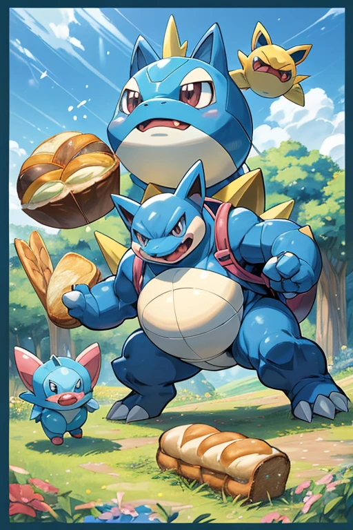 pokemon is a very cute character with a big smile, by Ken Sugimori, blastoise, guggimon, ken sugimori art, rino, similar to pokemon, illustration pokemon, new pokemon, weird pokemon, earth type pokemon, style of pokemon, snorlax, bread type pokemon, bulbapedia, inspired by Ken Sugimori, official art